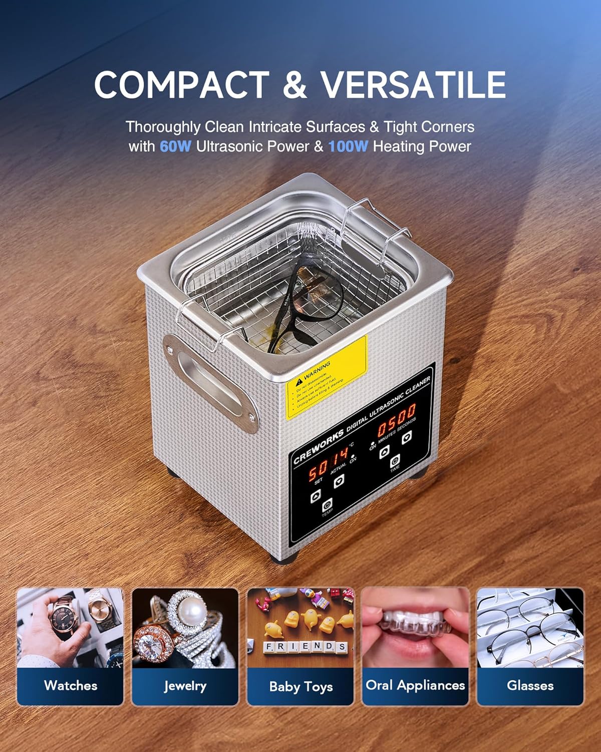 Thumbnail 2 de CREWORKS Ultrasonic Cleaner with Digital Timer & Heater (2L) – Portable 60W Stainless Steel Unit