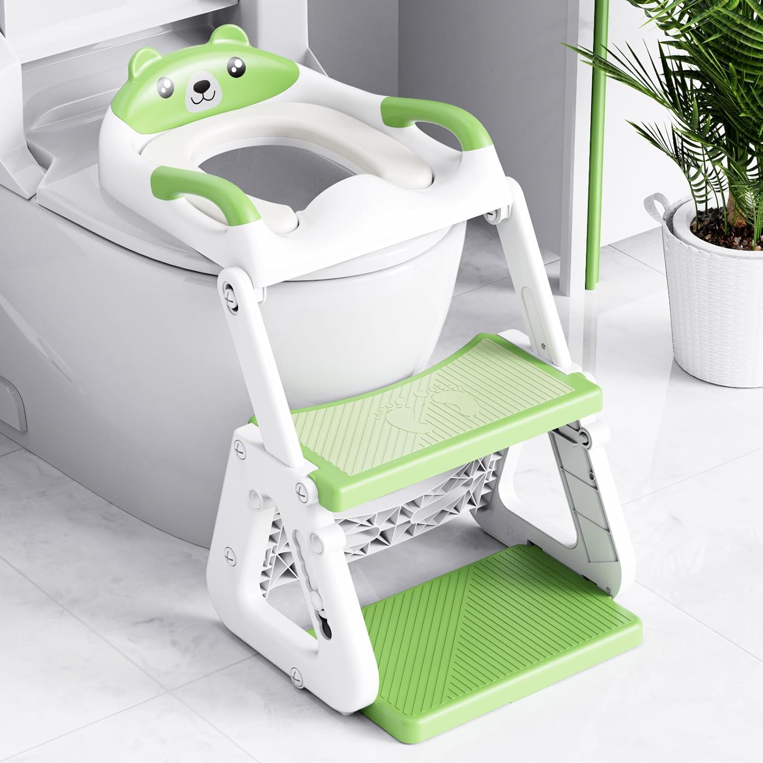 Detalle de Potty Training Toilet Seat - Upgraded 2-in-1 Toddler Seat with Stable Triangle Base and Extended Pedal (Bear Green)