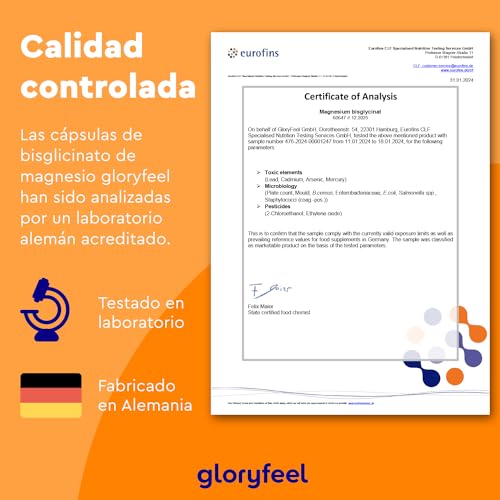 Detalle 2 de Gloryfeel Glicinato de Magnesio (bisglicinato) 240 cápsulas, 400 mg de magnesio elemental/día