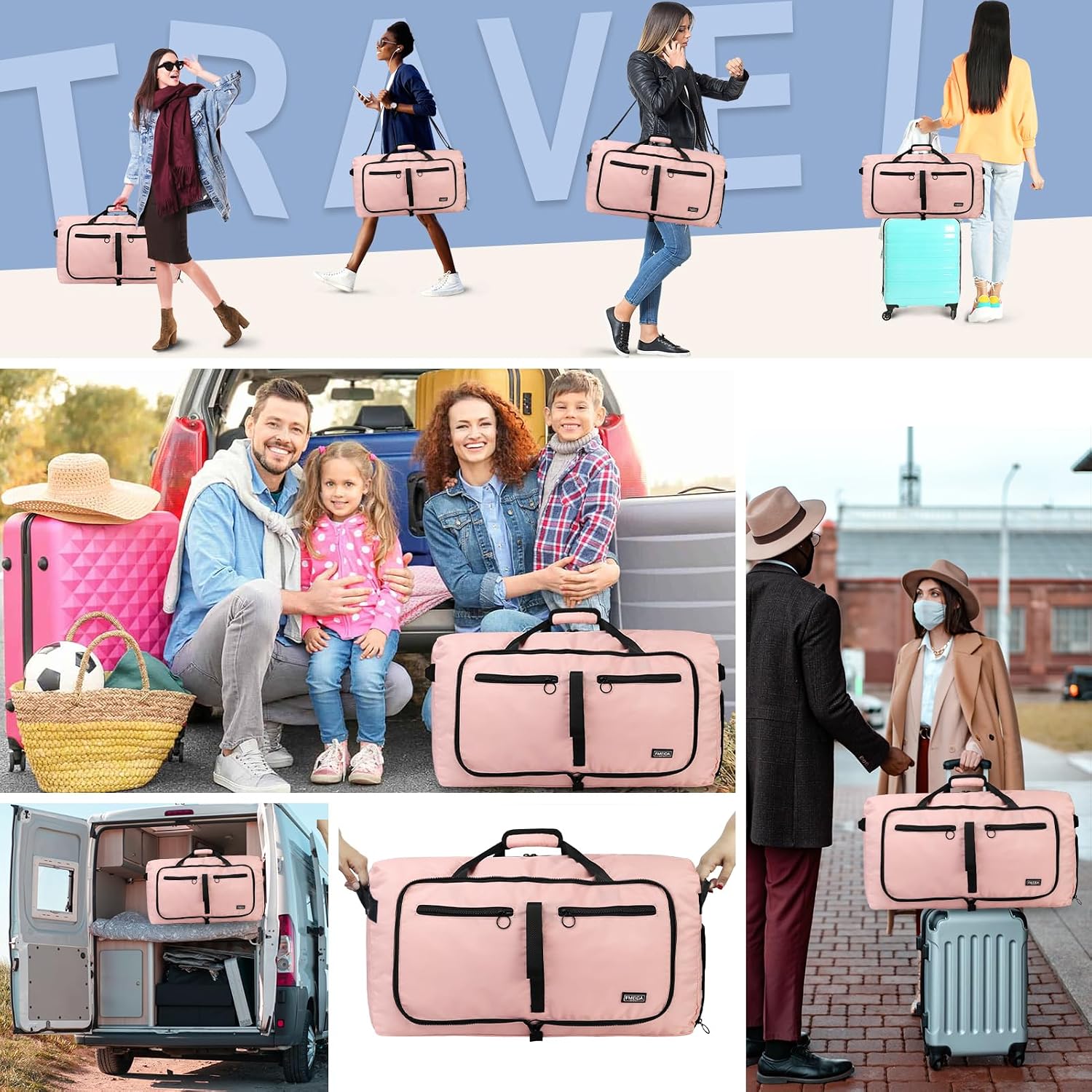 Detalle 2 de Fmeida Saunatasche Damen große Reisetasche faltbar mit Schuhfach, wasserdicht – Weekender- & Handgepäck-Tasche (hellpink)
