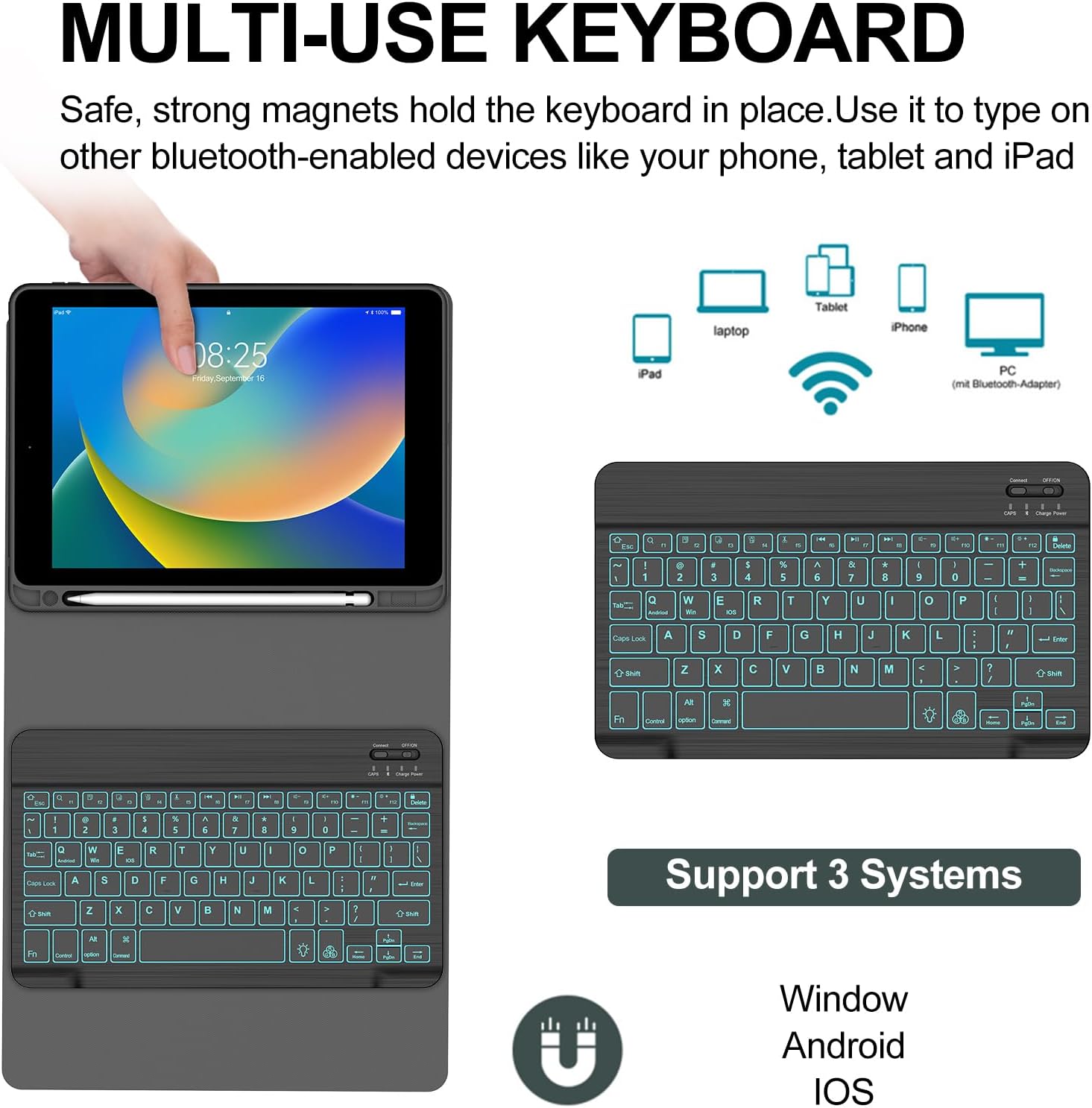 Detalle 2 de BORIYUAN iPad 10.2 inch Case with Keyboard: Detachable Backlit Keyboard, Pencil Holder, and 3 Viewing Angles