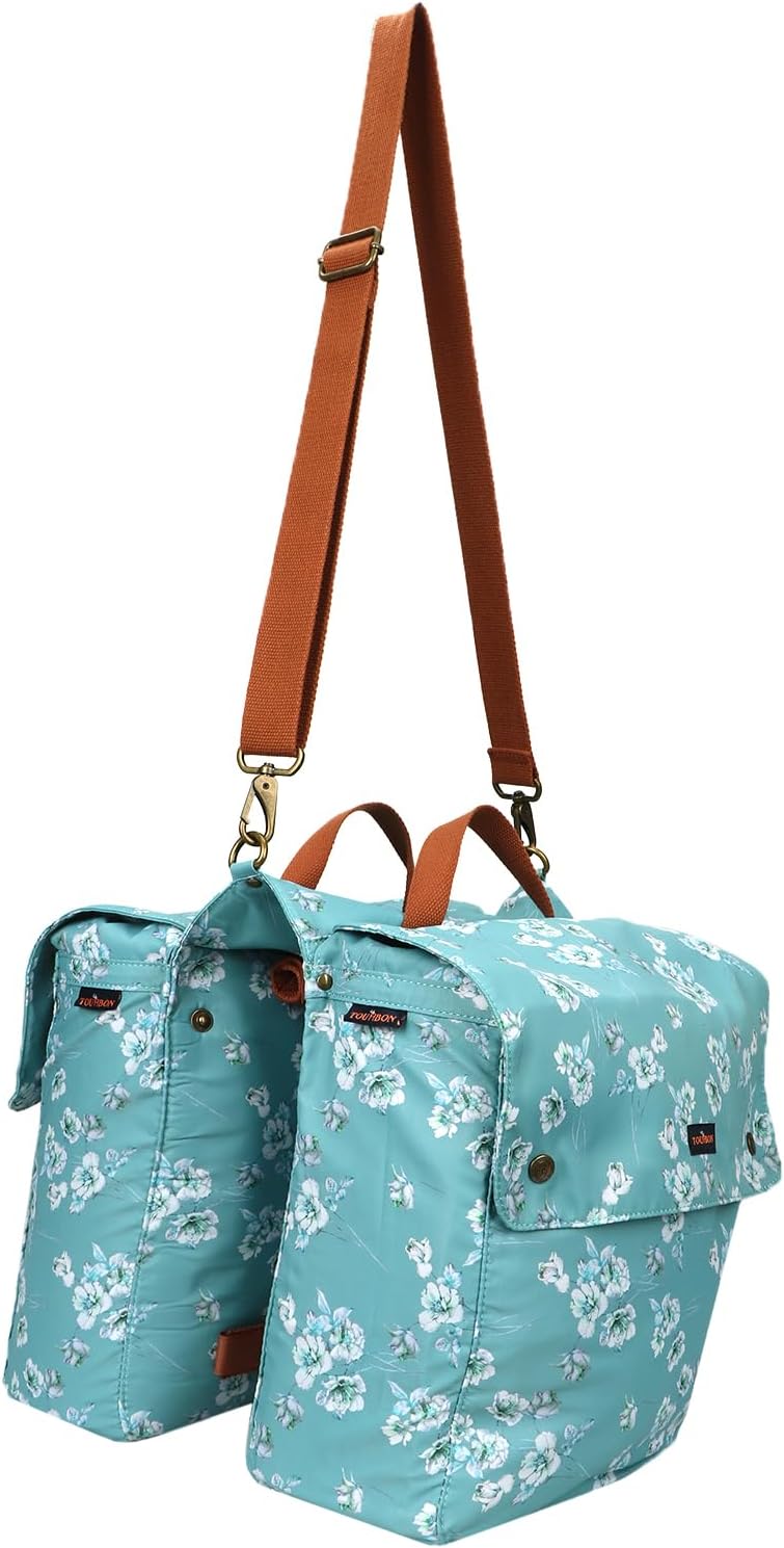 Thumbnail 2 de TOURBON Waterproof Canvas Bicycle Rear Pannier Bag (Flower Pattern) – Double Roll-Up Storage for Bike Rack