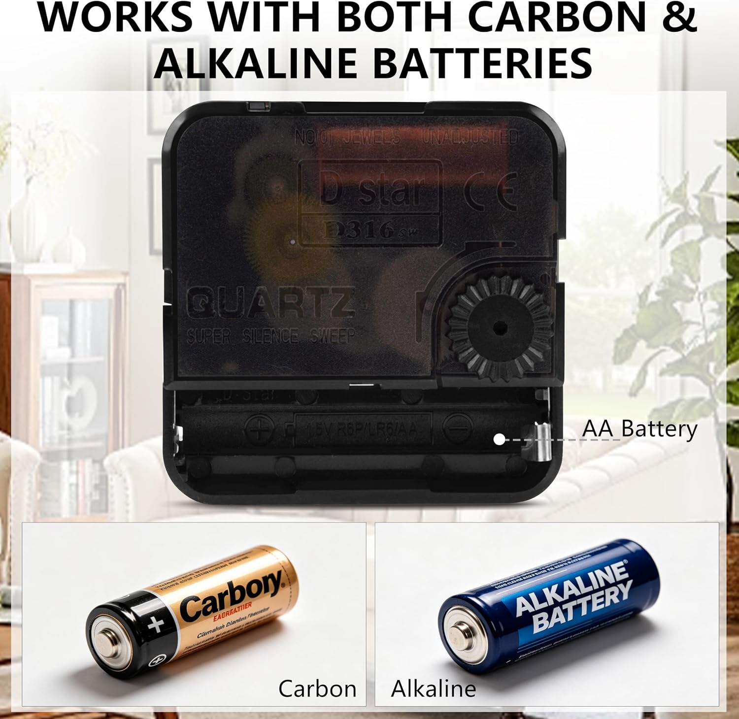 Detalle de Foxtop Silent Sweep Quartz-klokmechanisme, 12,5 mm, stil en op AA-batterij