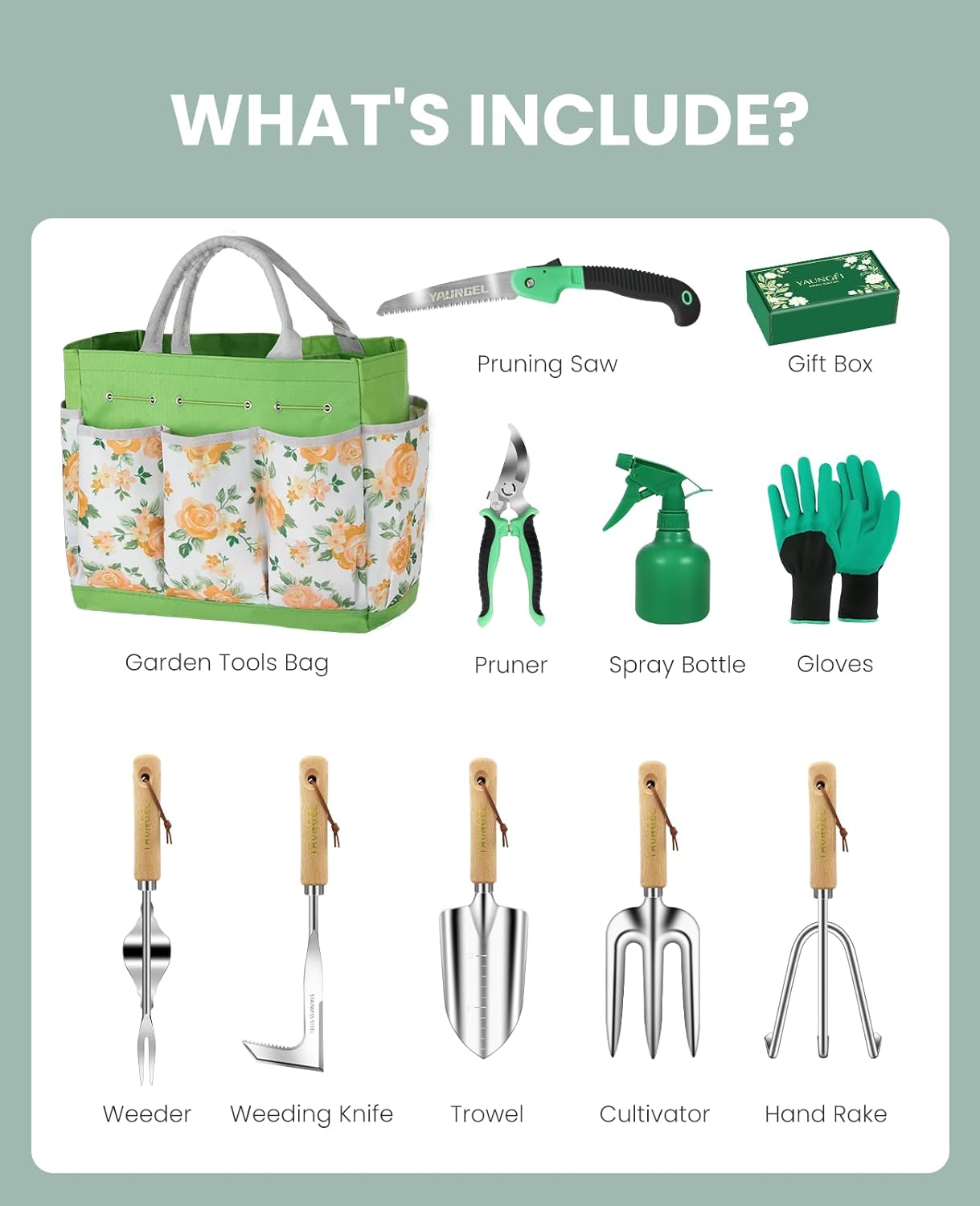 Detalle de Set di attrezzi da giardinaggio YAUNGEL da 10 pezzi con teste in acciaio inox e manici antiscivolo