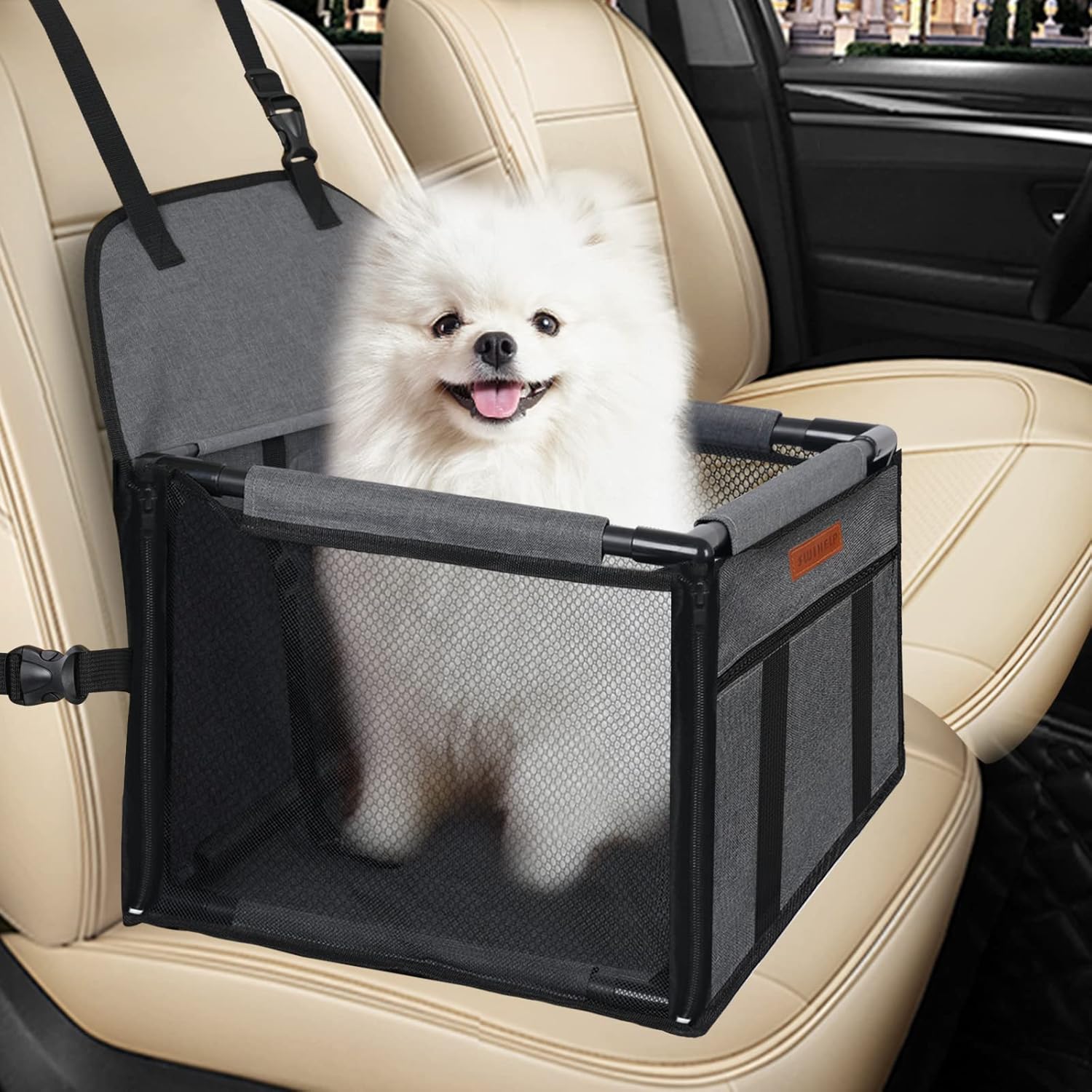 Detalle de SWIHELP Dog Car Seat with Clip-on Safety Leash and PVC Frame – Foldable Booster for Small Pets