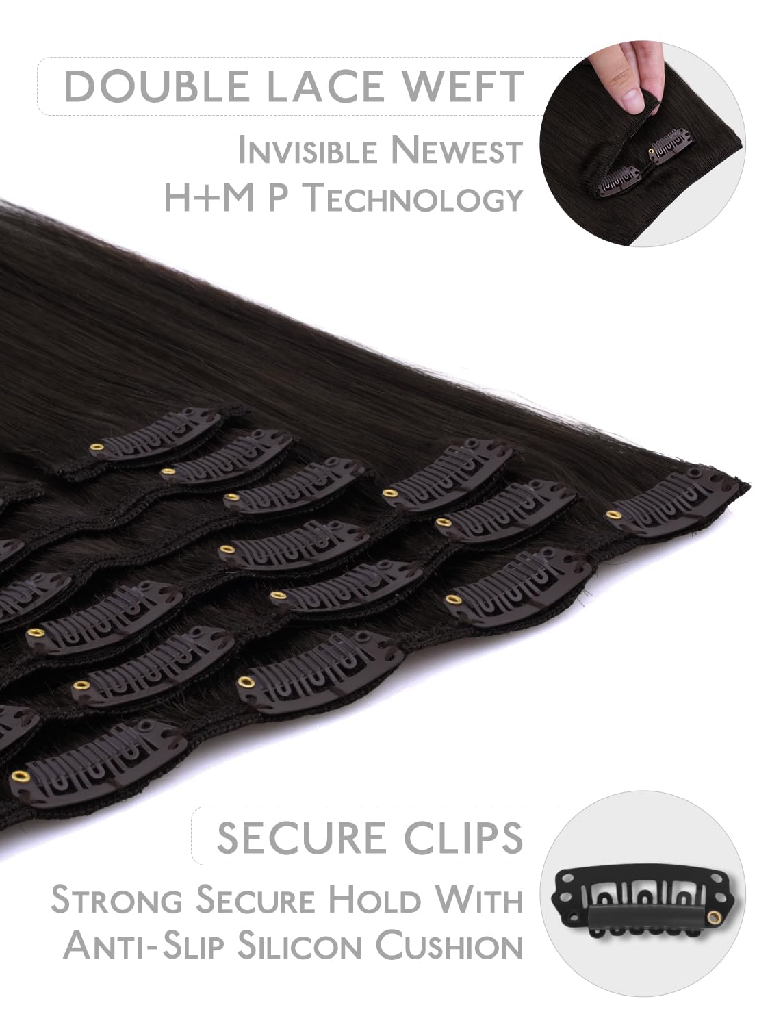 Detalle de WENNALIFE Clip-in Echthaar-Extensions Dunkelbraun (#2), 7-tlg, 55 g mit Clips