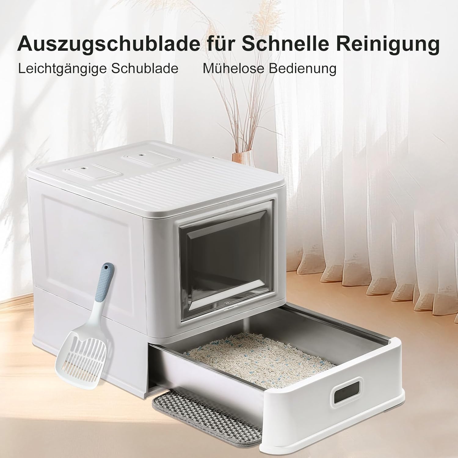 Detalle de Marchul XL Lettiera per gatti grande in acciaio inox con coperchio, cassetto estraibile e tappetino: design chiuso per odori contenuti