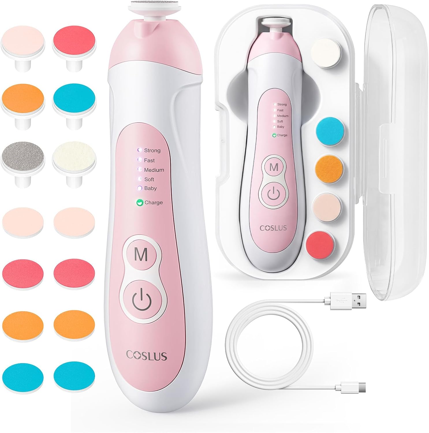 Detalle de COSLUS C52 Baby Electric Nail Trimmer, 5 Speeds, 6 Heads, Pink