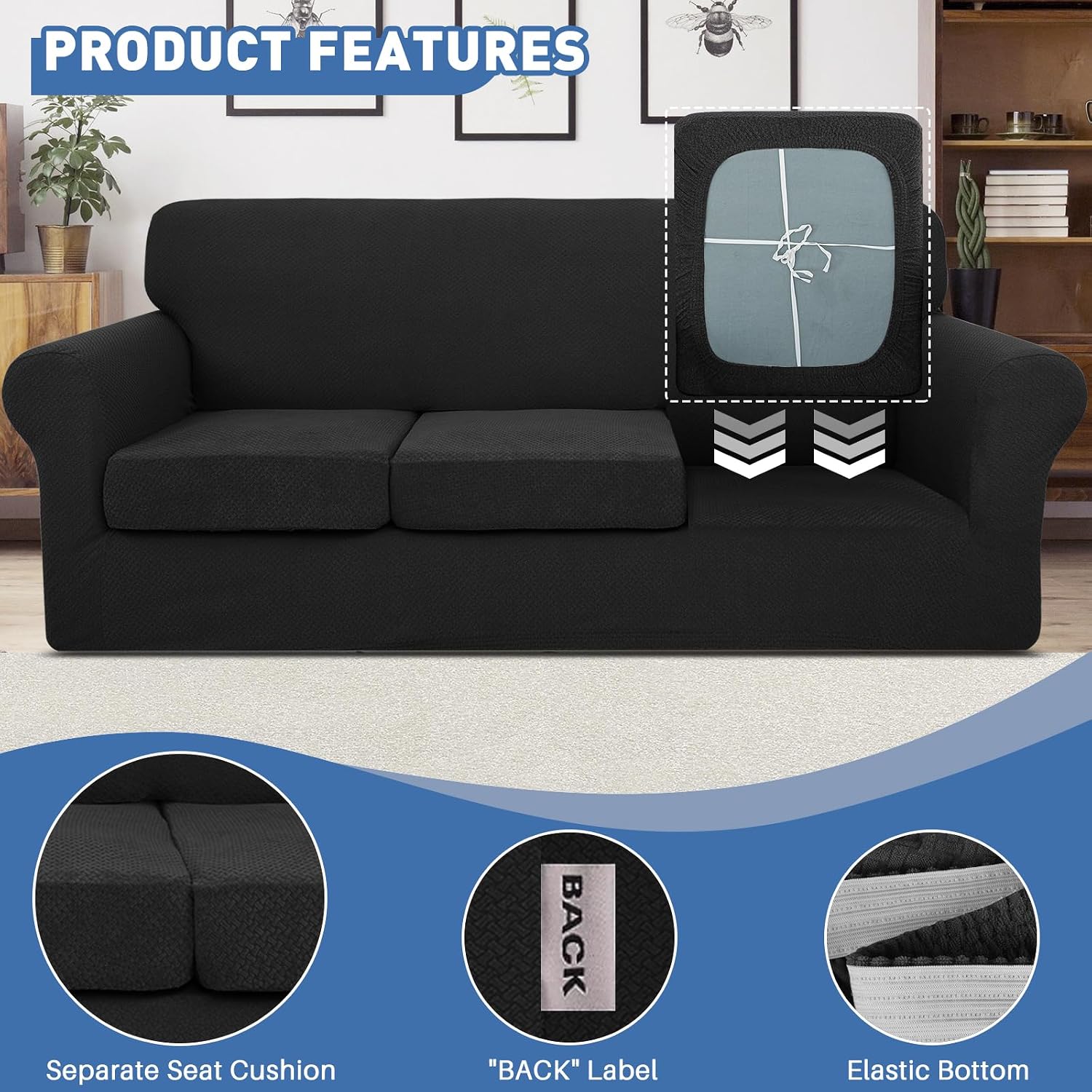Detalle 2 de JIVINER 021 4-Piece Sofa Cover for 3 Cushions, Stretch Jacquard, Black