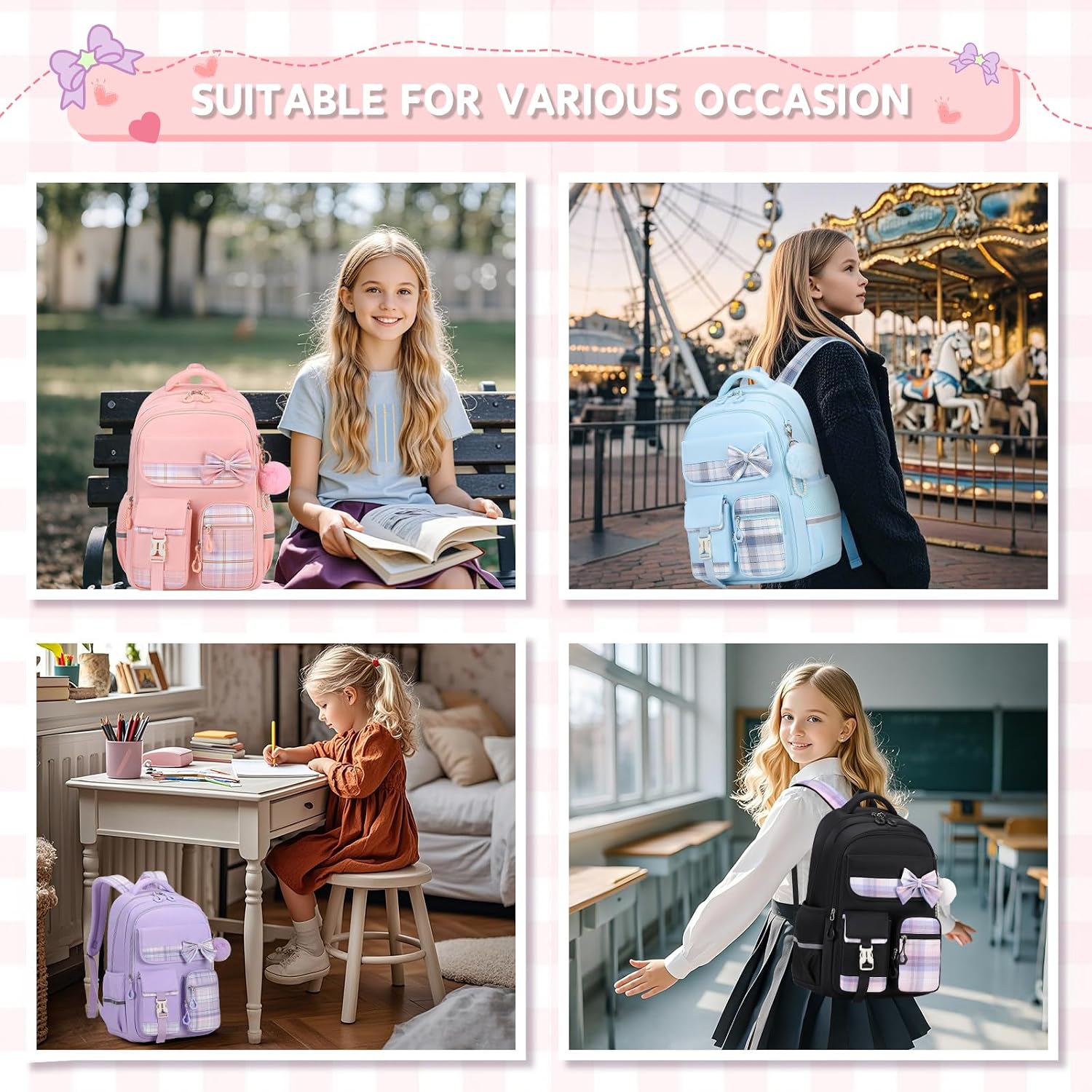 Thumbnail 6 de QIXIHU Girls Backpack: Plaid School Bag with Pencil Case for Young Students