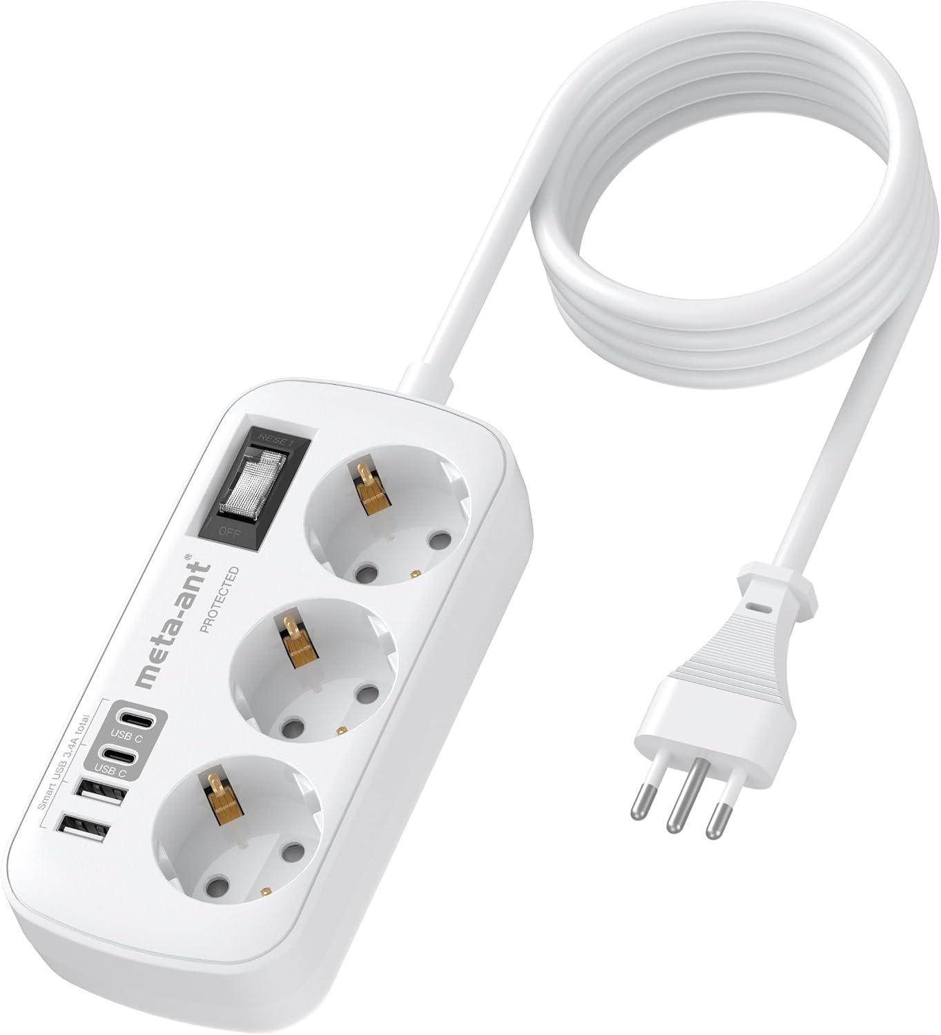Detalle de Adapter Italien Steckdose – 7-in-1 Reiseadapter mit 3 AC + USB-C/USB-A, 1,5 m Kabel, Typ L