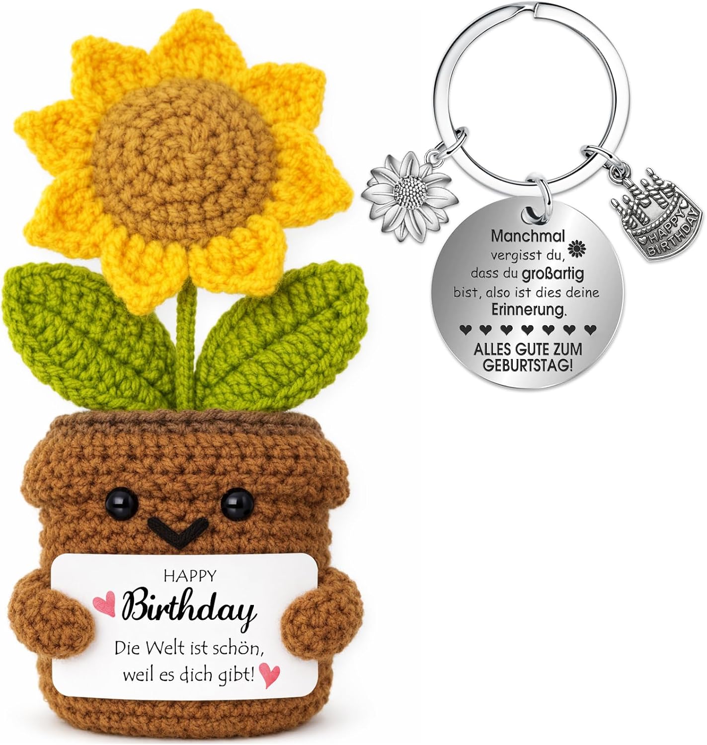 Detalle de Farbeele Positive Sonnenblume & Glücksbringer-Schlüsselanhänger (Pocket Hug Figur) – Geburtstagsgeschenk mit Wunschkarte