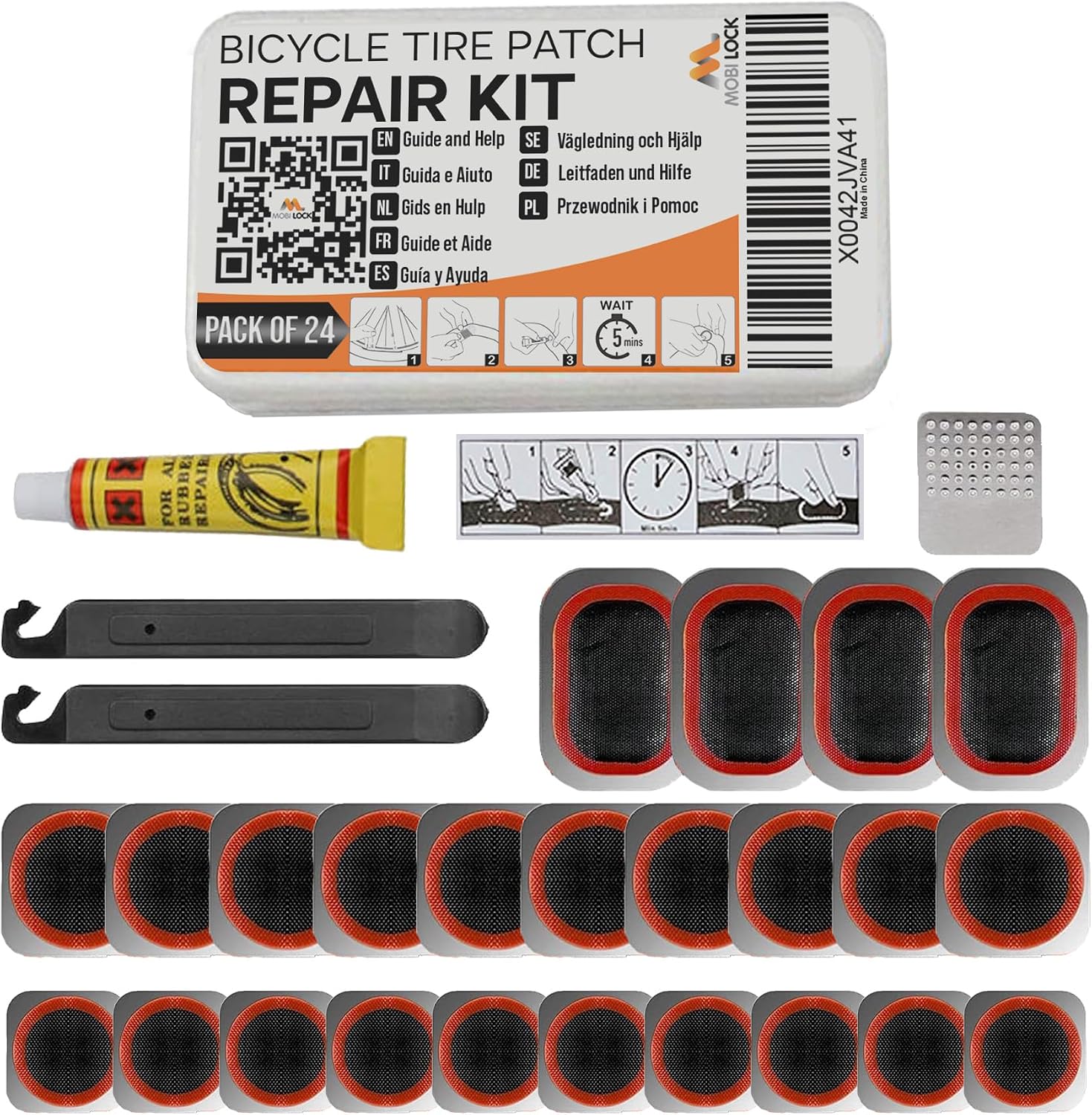 24 pièces Kit Rustine Vélo par Mobi Lock – Kit de réparation de Chambre à air