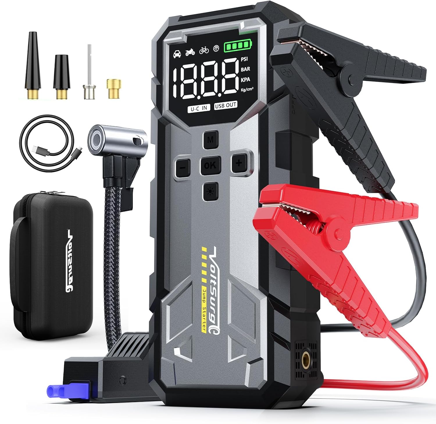Detalle de 7000A Starthilfe Powerbank mit Kompressor: 4-in-1 Begleiter für Auto, Bike und mehr