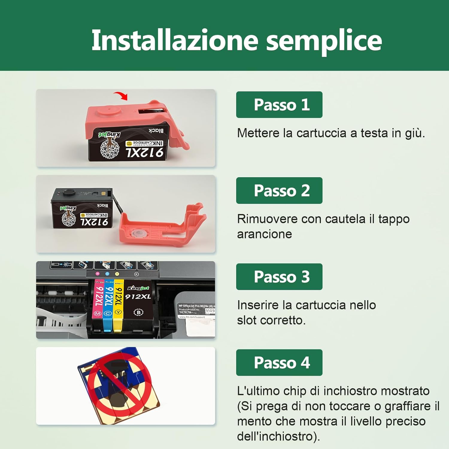 Detalle 2 de KINGJET 912XL Cartucce d'inchiostro compatibili (4 pezzi) per HP OfficeJet Pro 8020/8022/8024 e modelli 8010/8012/8014 – Nero+Ciano+Magenta+Giallo