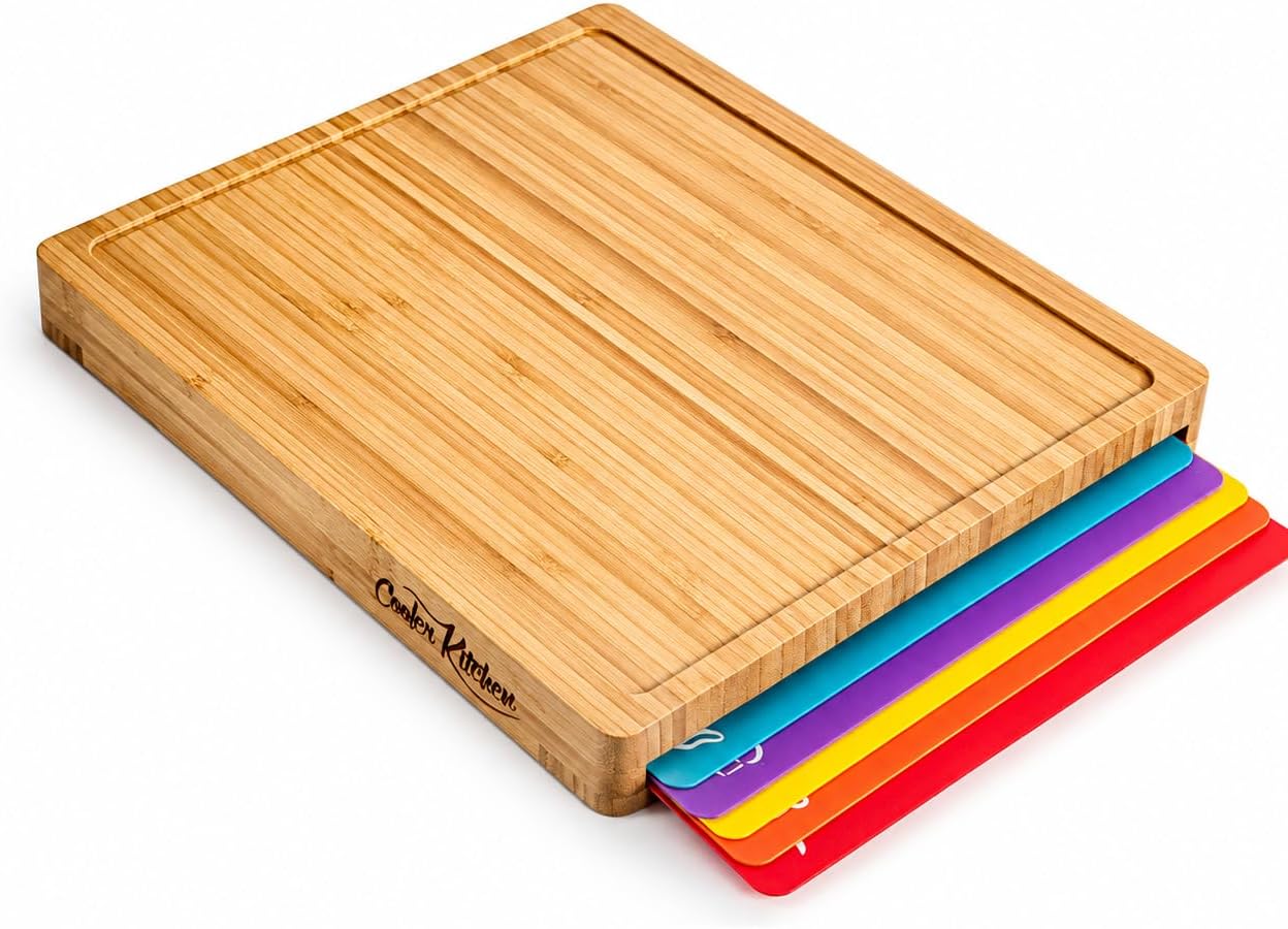 Detalle de Cooler Kitchen Bamboo Cutting Board Set with 6 Color-Coded Flexible Mats, Holder, BPA-Free (Dishwasher Safe)