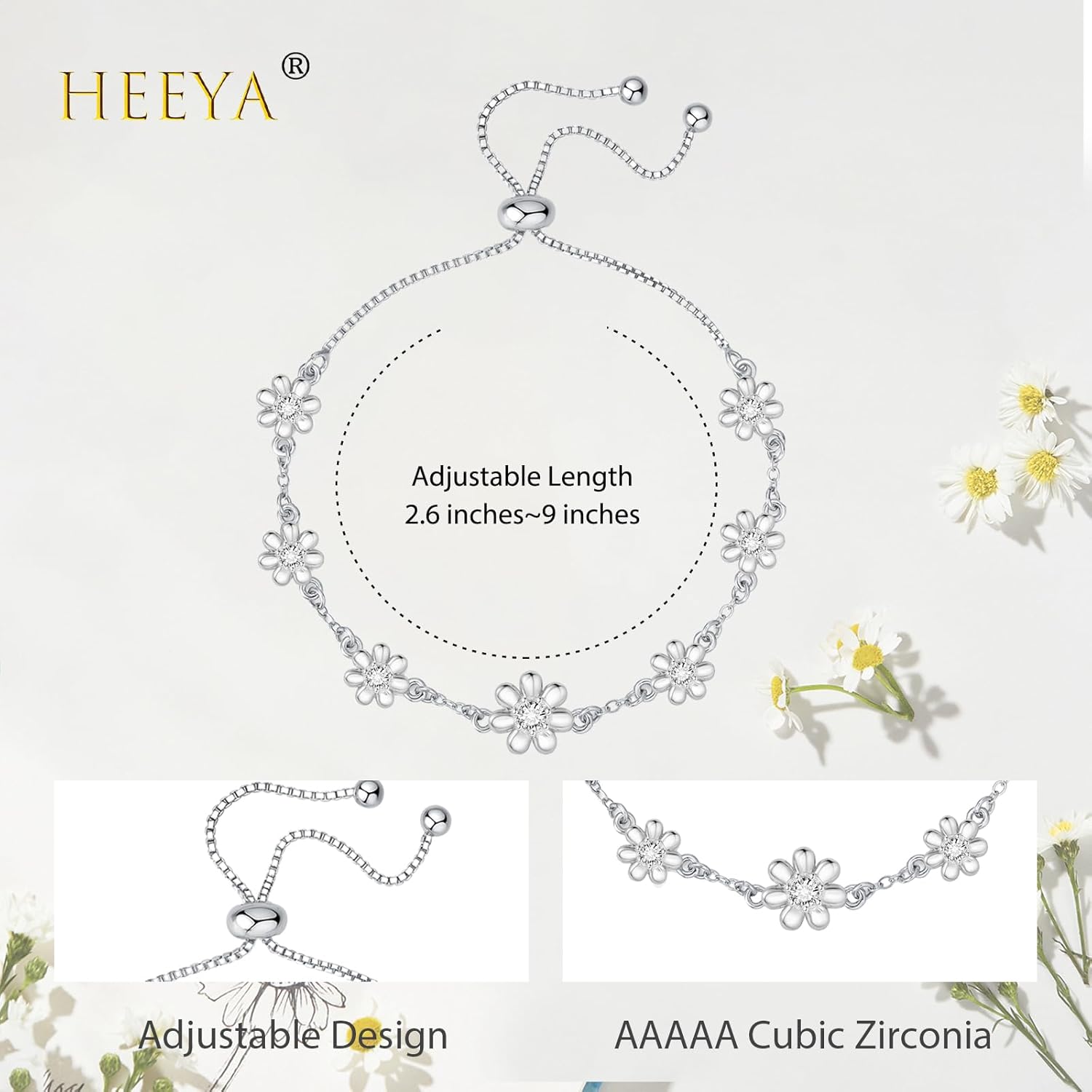 Thumbnail 1 de HEEYA Armband Silber Damen Gänseblümchen – Verstellbares 925 Silber Tennisarmband mit Zirkonia