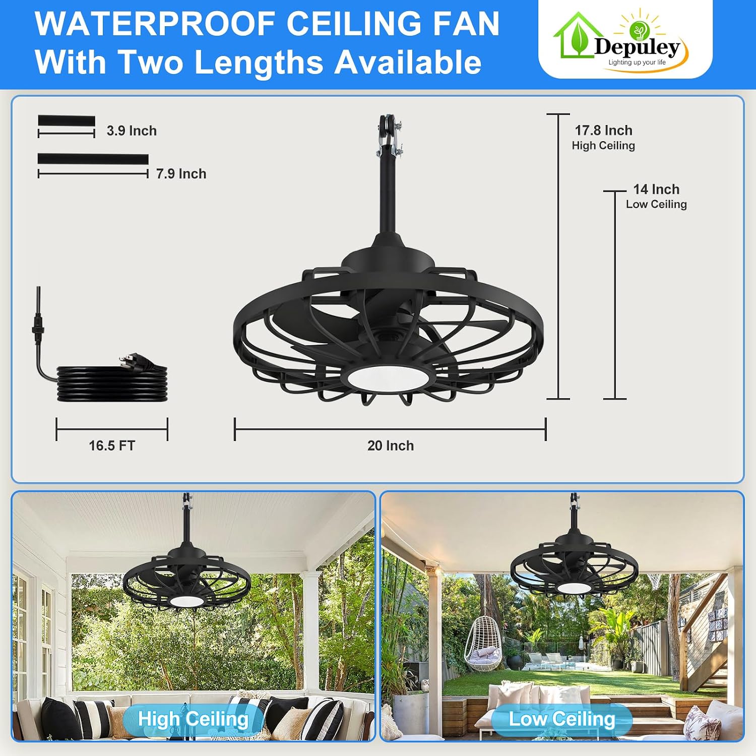 Detalle de Depuley 42-Inch Outdoor Ceiling Fan with Lights, Walnut Waterproof Gazebo Fans (Remote & App Control)