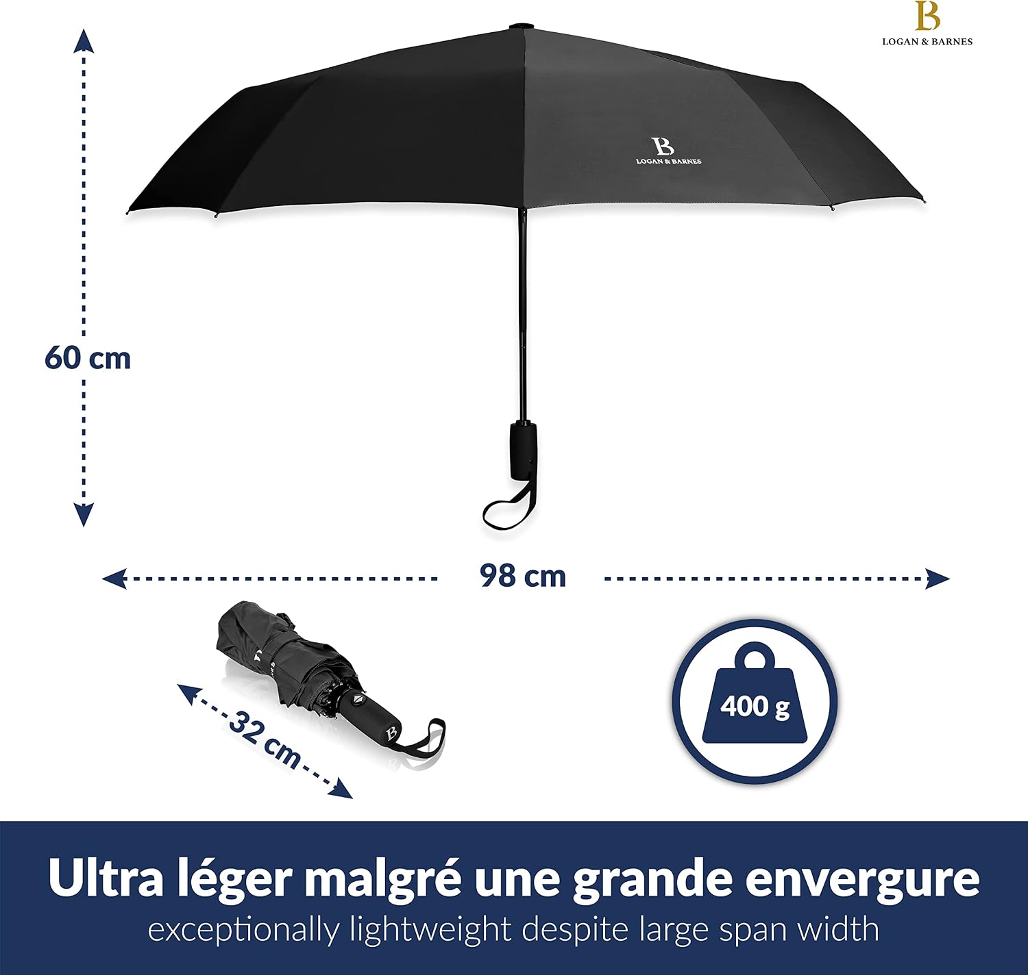 Thumbnail 1 de LOGAN & BARNES Parapluie résistant aux tempêtes Boston — compact et fiable, up to 140 km/h
