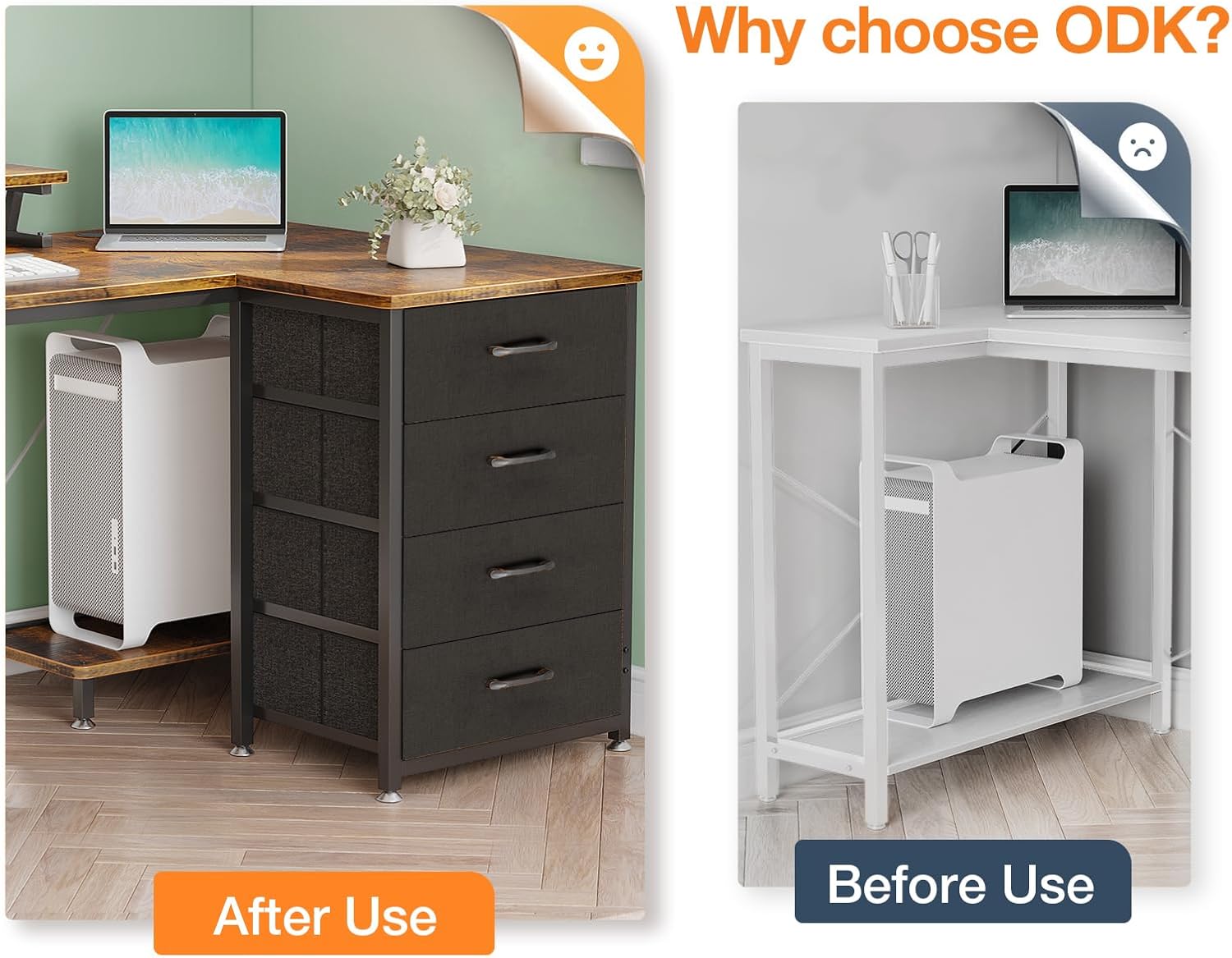 Detalle de ODK Corner Desk with Drawers (L-Shaped) 140x80cm, USB Charging Ports & Power Outlets, Rustic Brown