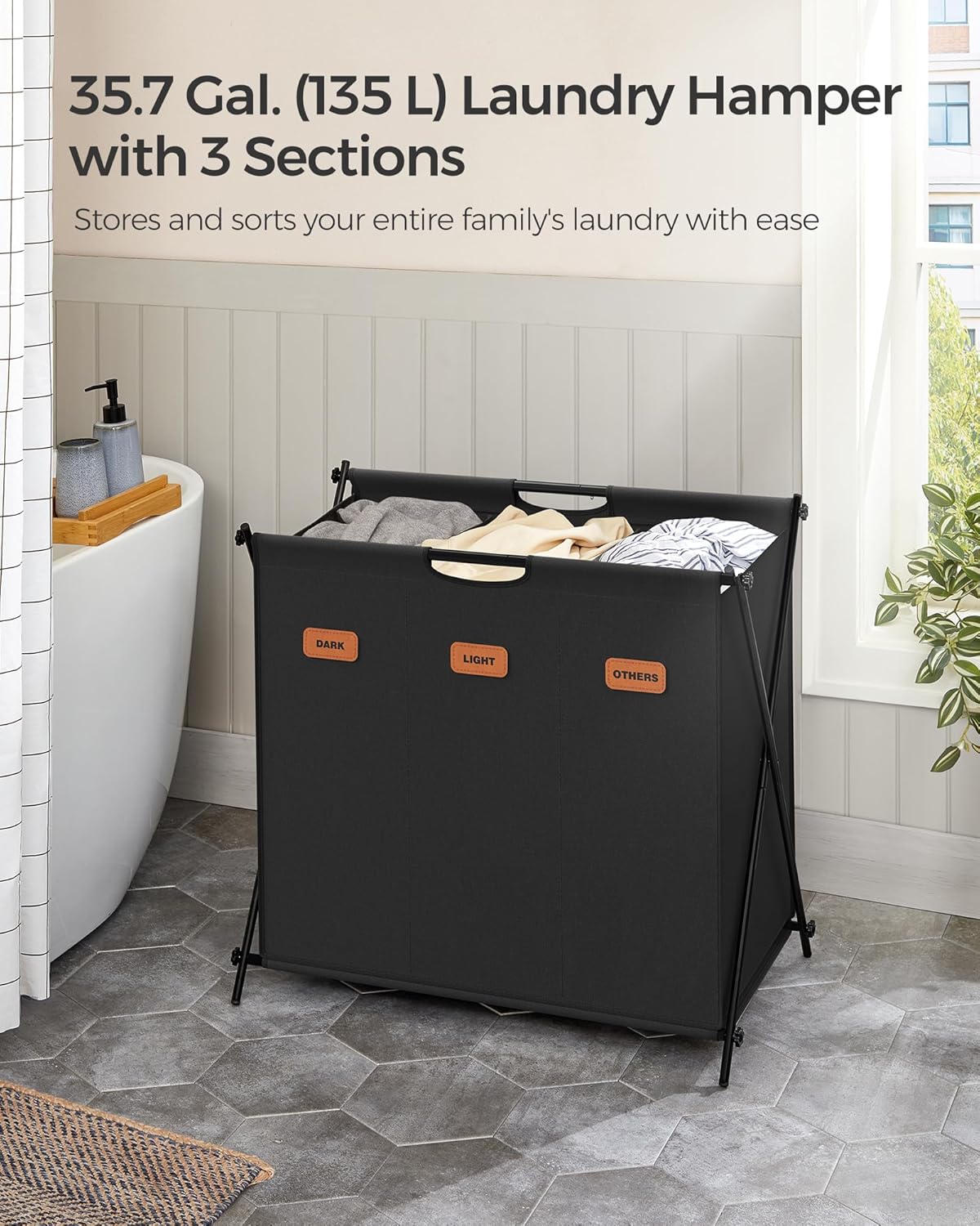 Detalle de SONGMICS 135 L Laundry Hamper with 3 Sections (Collapsible X-Frame) – Ink Black LCB130B01