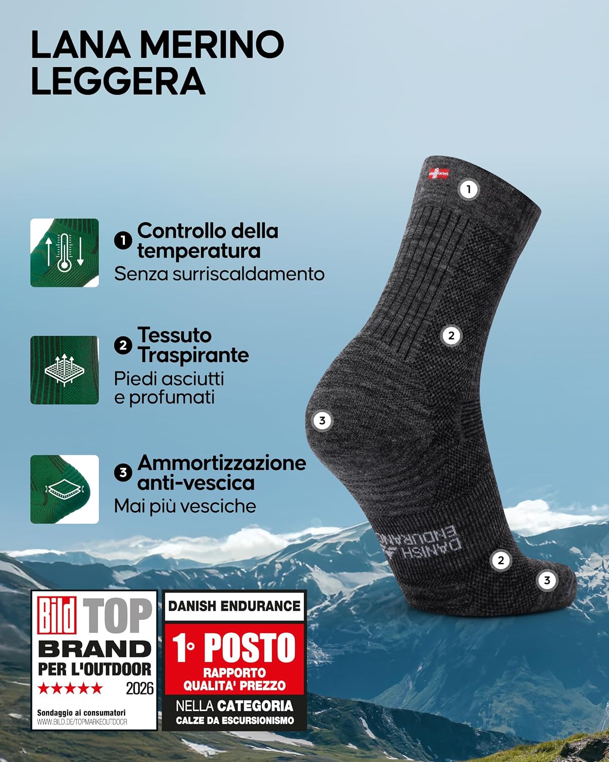 Thumbnail 1 de DANISH ENDURANCE Calze Trekking Leggere in Lana Merino: antifrizione, traspiranti e leggere per uomo, donna e bambino