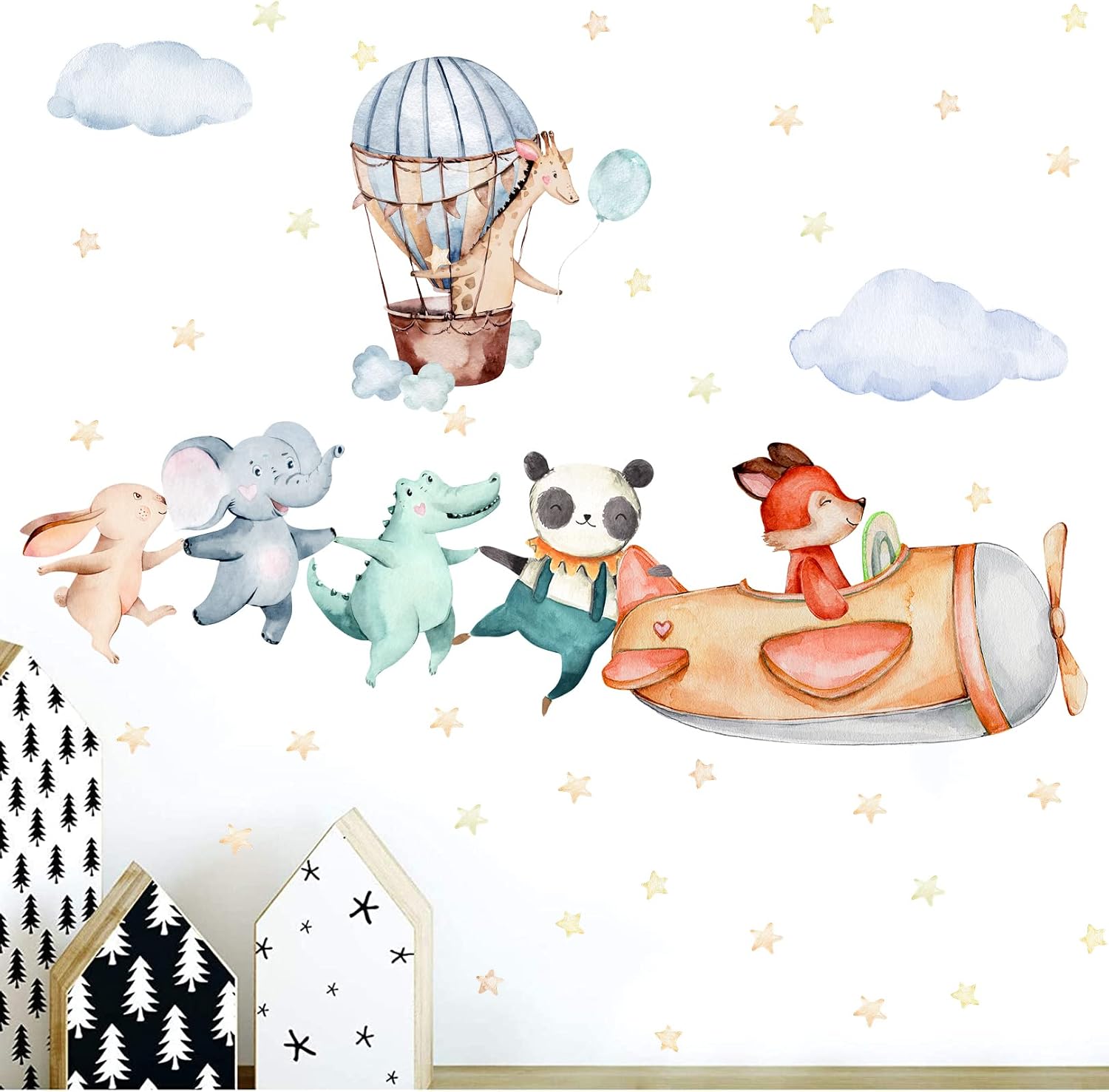 Detalle de TOARTI Flugzeug Tier Wandtattoo für Babyzimmer, 104×30 cm – lichtfarbener Wandsticker mit Elefant, Giraffe & Panda
