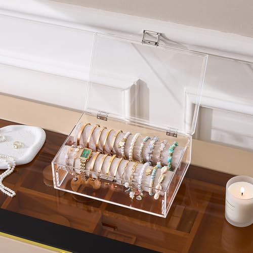 Detalle de Lolalet Acrylic Bracelet Organiser Box, Clear Display Case with Velvet Rolls, No Drawer