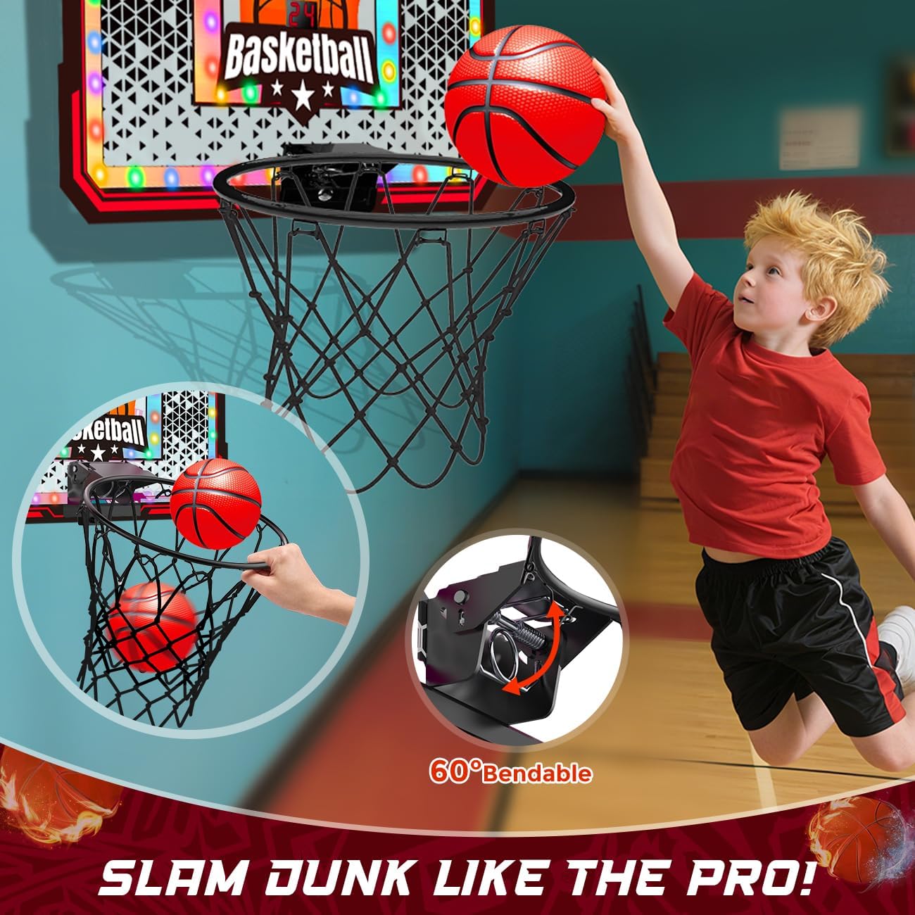 Detalle de VATOS Canestro da basket interno per bambini: luci LED, suoni e tavola da appendere alla porta