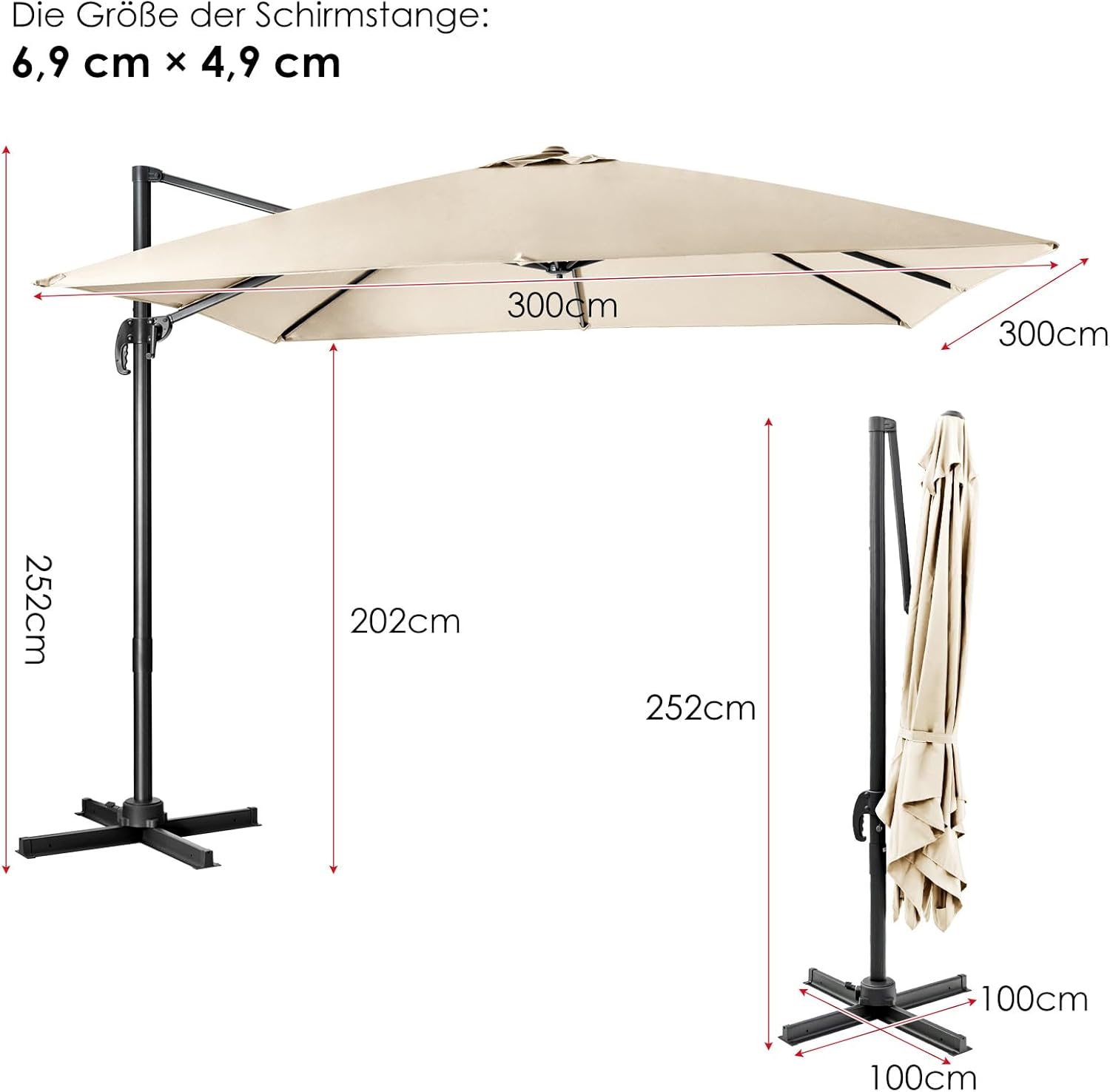 Thumbnail 5 de COSTWAY Sonnenschirm 300 × 300 cm quadratisch – Ampelschirm mit Kurbel, 360° Drehung, Neigbar, Beige