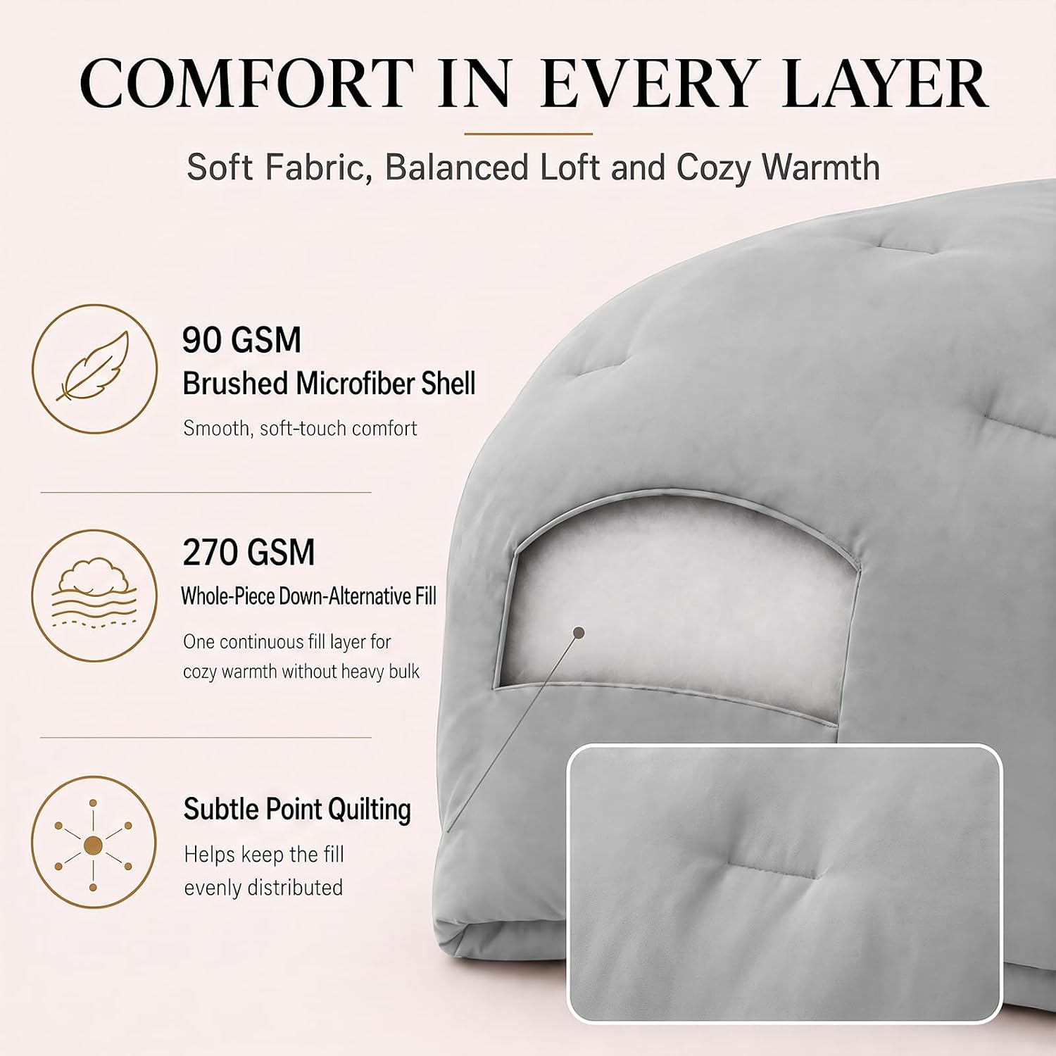 Detalle de CozyLux Light Grey Queen Comforter Set, 3-Piece Bedding