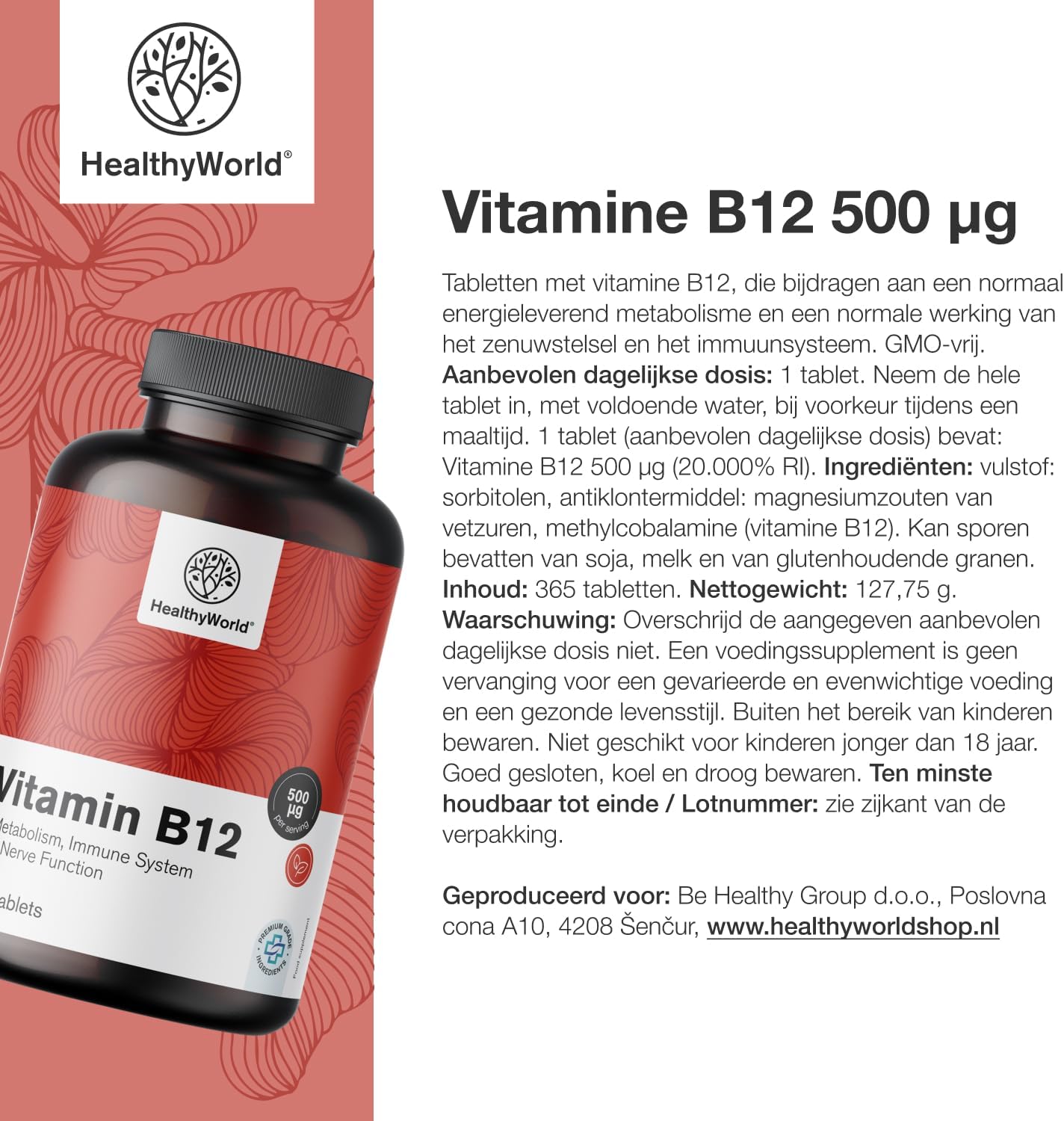 Thumbnail 6 de HealthyWorld Vitamine B12 500 µg methylcobalamine, 365 tabletten