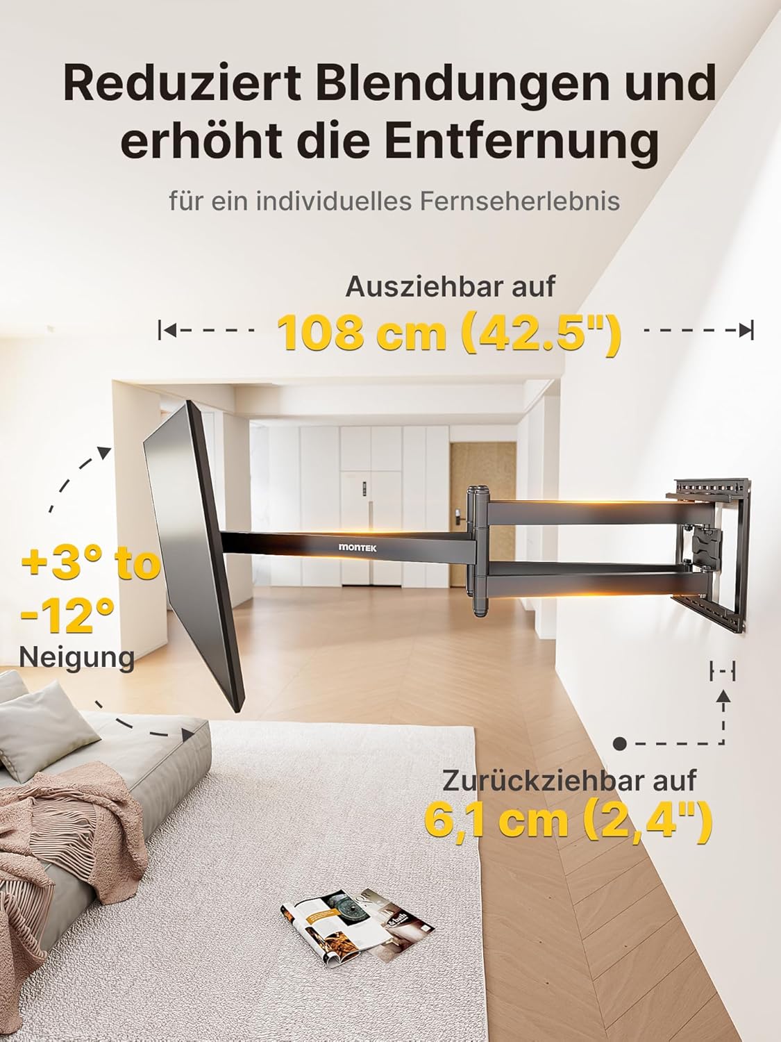 Thumbnail 2 de monTEK Langarm 1080mm TV-Wandhalterung für 43–90 Zoll bis 60 kg, ausziehbar, schwenk- und neigbar (max. VESA 800x400)