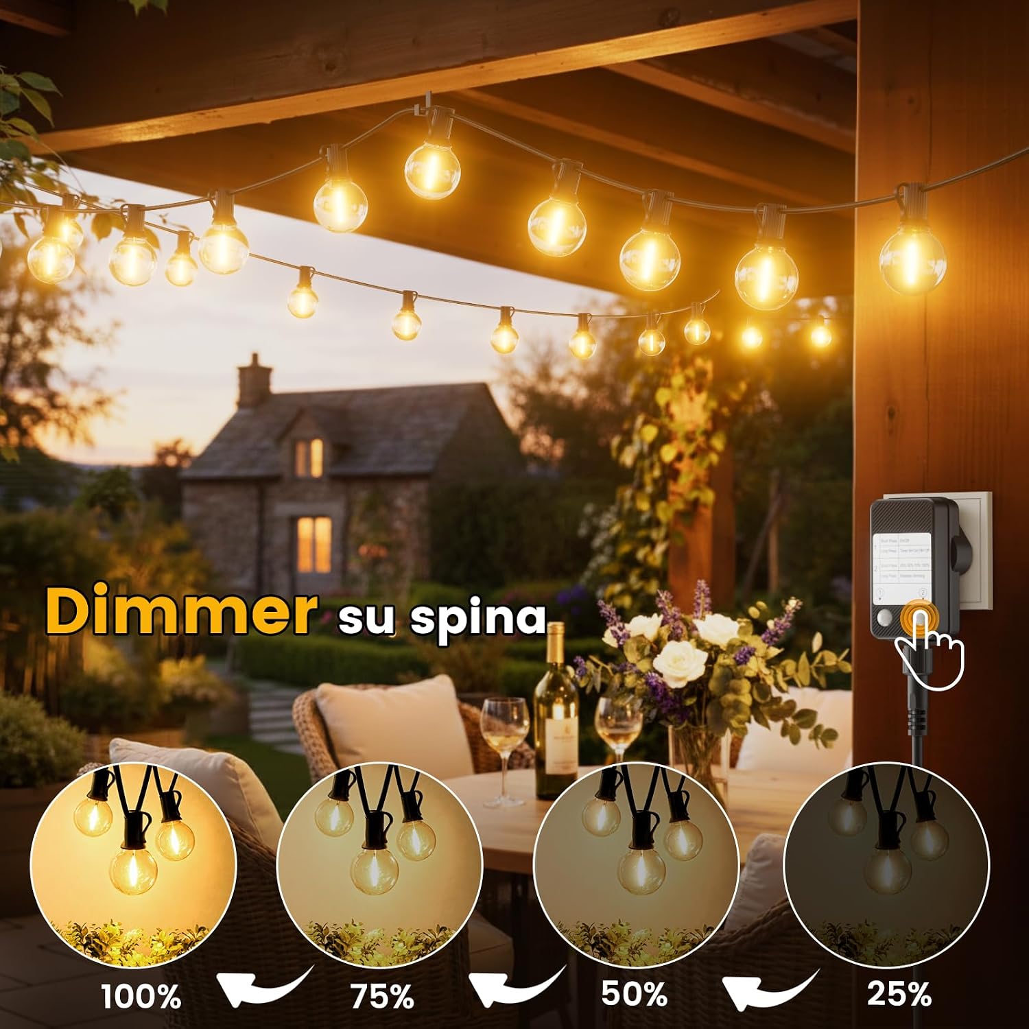 Detalle de Yuusei Catena Luminosa Esterno 36,6 m: 46+2 lampadine G40 infrangibili, 24 V, IP45