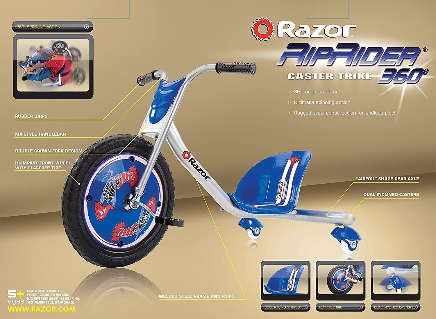 Detalle 2 de Razor RipRider 360 Caster Trike for Kids 5+ — Lightweight Steel Frame, Rubber Handlebars, 160 lb Weight Limit