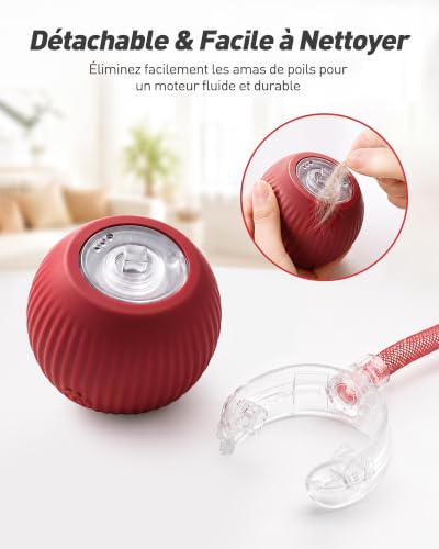 Detalle de RZPTL balle interactive pour chat rouge avec queue, 3 modes et recharge USB-C