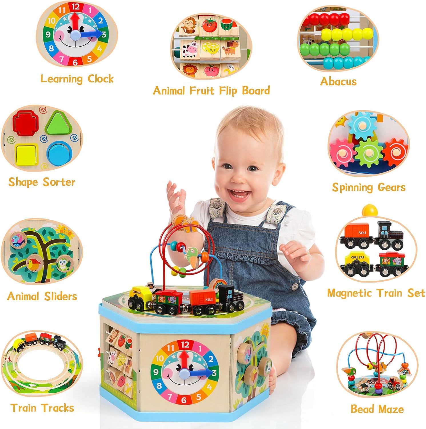 Detalle de KABENFIS Wooden Activity Cube with Train Tracks 🚂