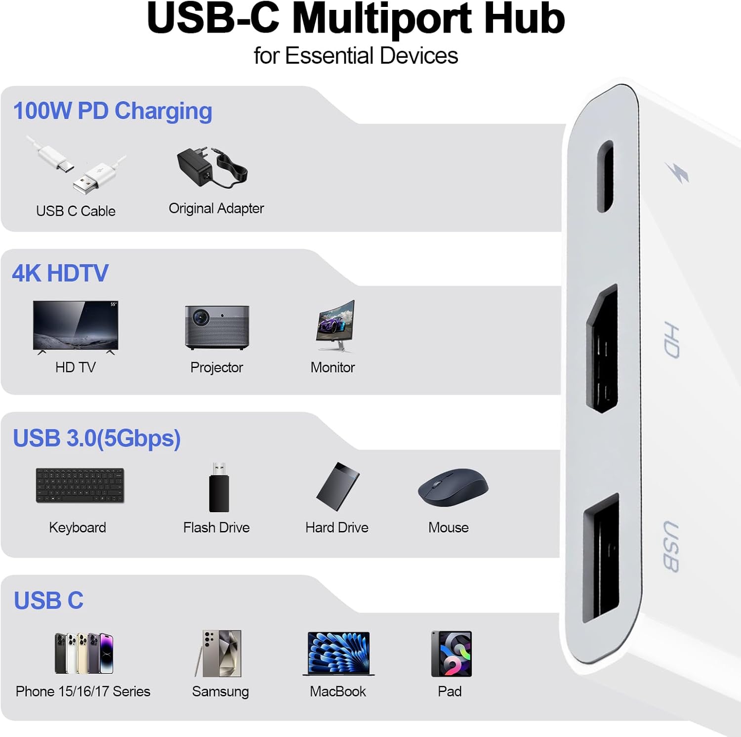 Thumbnail 2 de APKLVSR MFi-zertifizierter USB-C HDMI Adapter 3-in-1 (4K HDMI, 100-W PD, USB 3.0 Hub) – Plug & Play