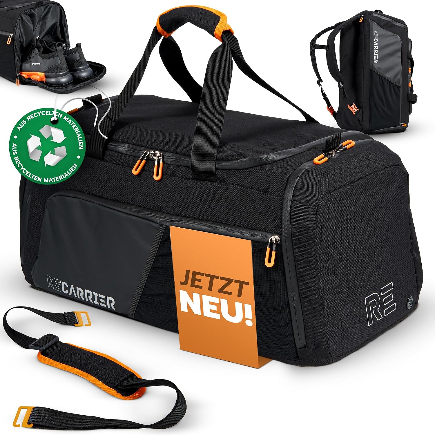 Detalle de RECARRIER Sporttasche 50L – Wasserdichte Gym Bag aus recyceltem PET mit Schuhfach