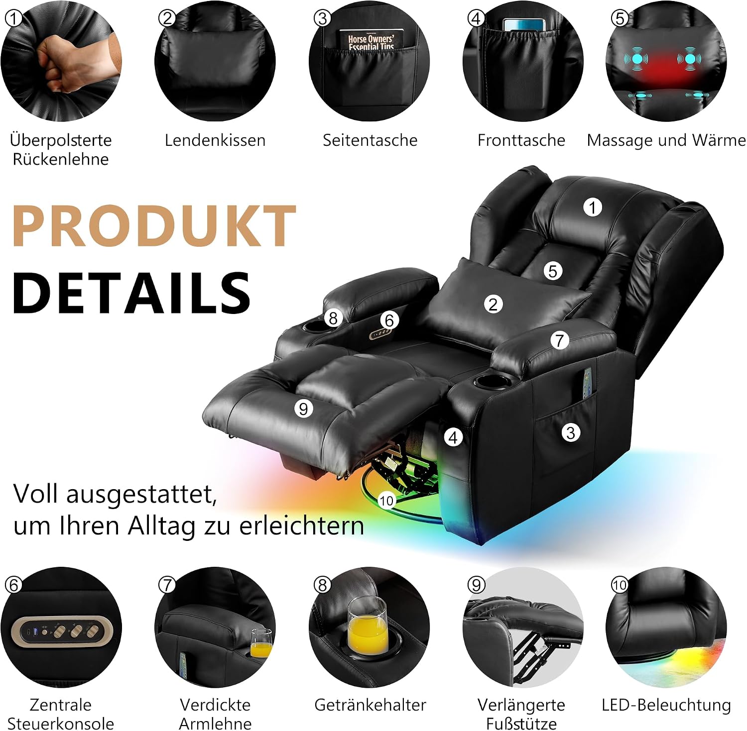 Thumbnail 3 de SITURAY 2 Motoren Elektrischer Verstellbar Relaxsessel mit Liegefunktion – TV Sessel mit Massage, Wärme und LED-Beleuchtung