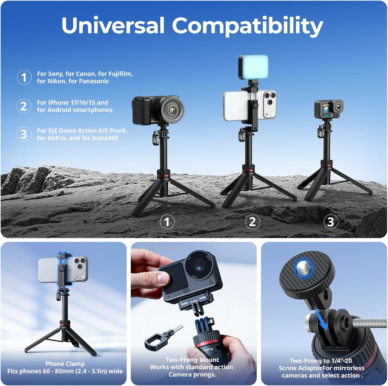 Detalle 2 de SMALLRIG VT-17 3-in-1 reisstatief met telefoonhouder en karabijnhaak
