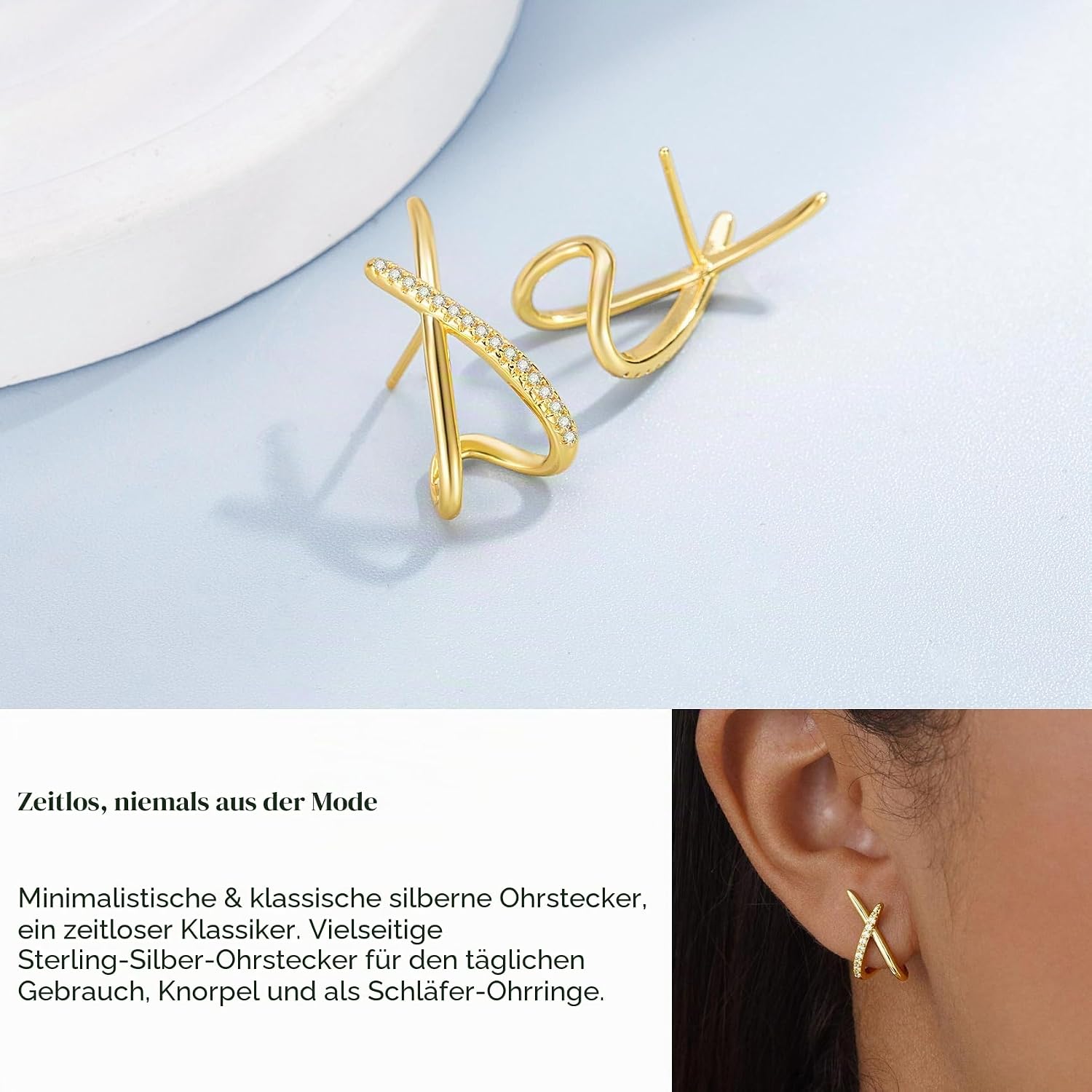 Detalle de Loutade Ohrstecker aus 925 Sterling Silber mit Cubic Zirkonia (X-Form) – hypoallergen & nickelfrei