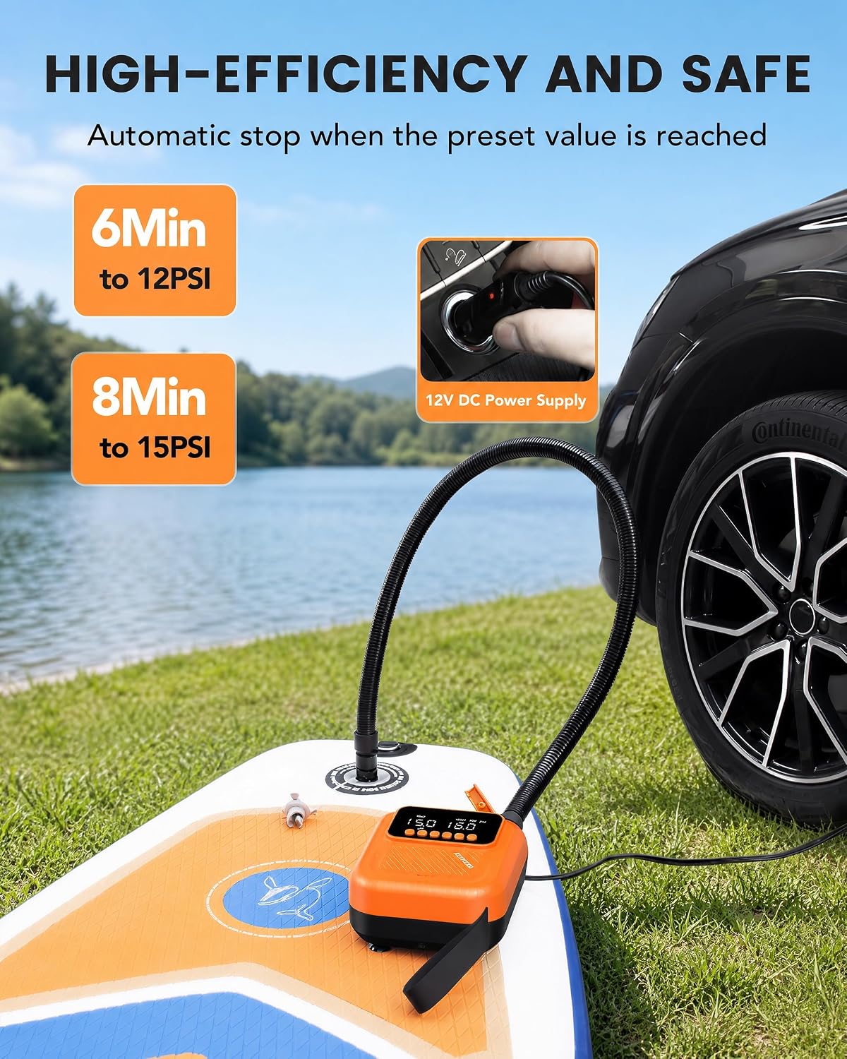 Detalle de Accwork Electric SUP Pump 20 PSI: 12V Car-Powered Dual-Stage Inflator with 7 Nozzles