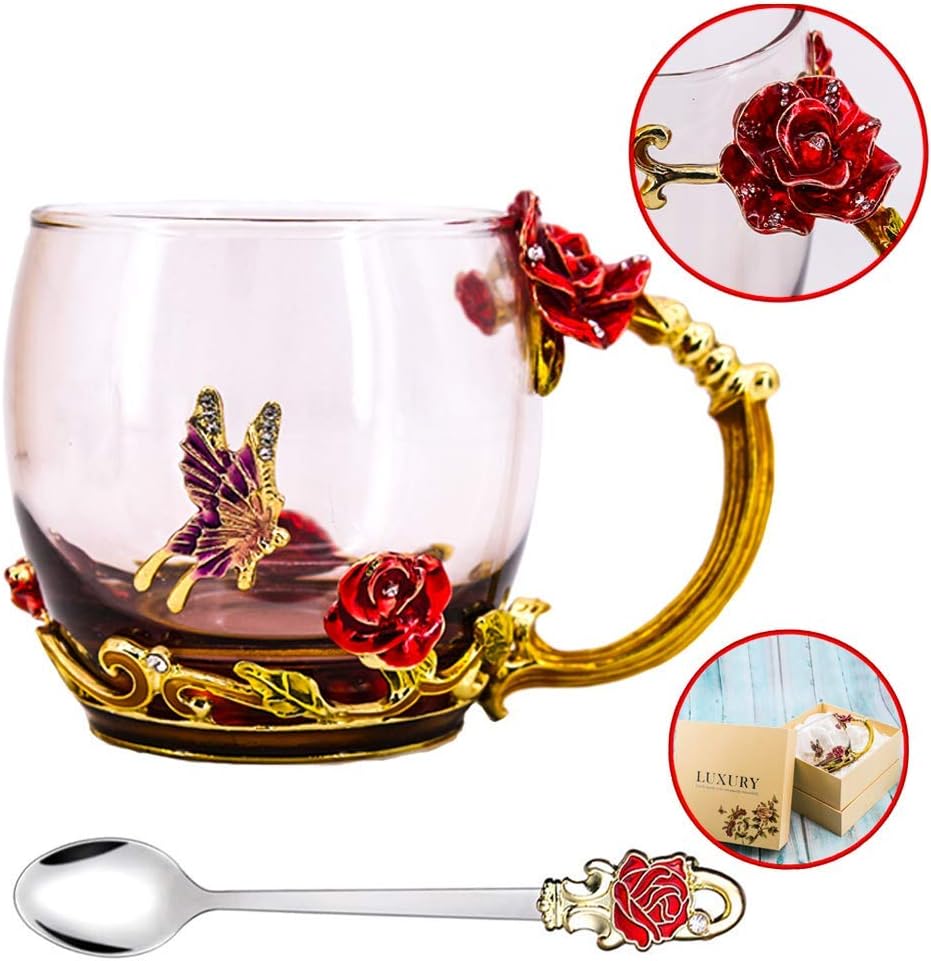Thumbnail 3 de Luka Tech Enamel Butterfly & Rose Lead-Free Glass Coffee Mug with Steel Spoon (Rose)