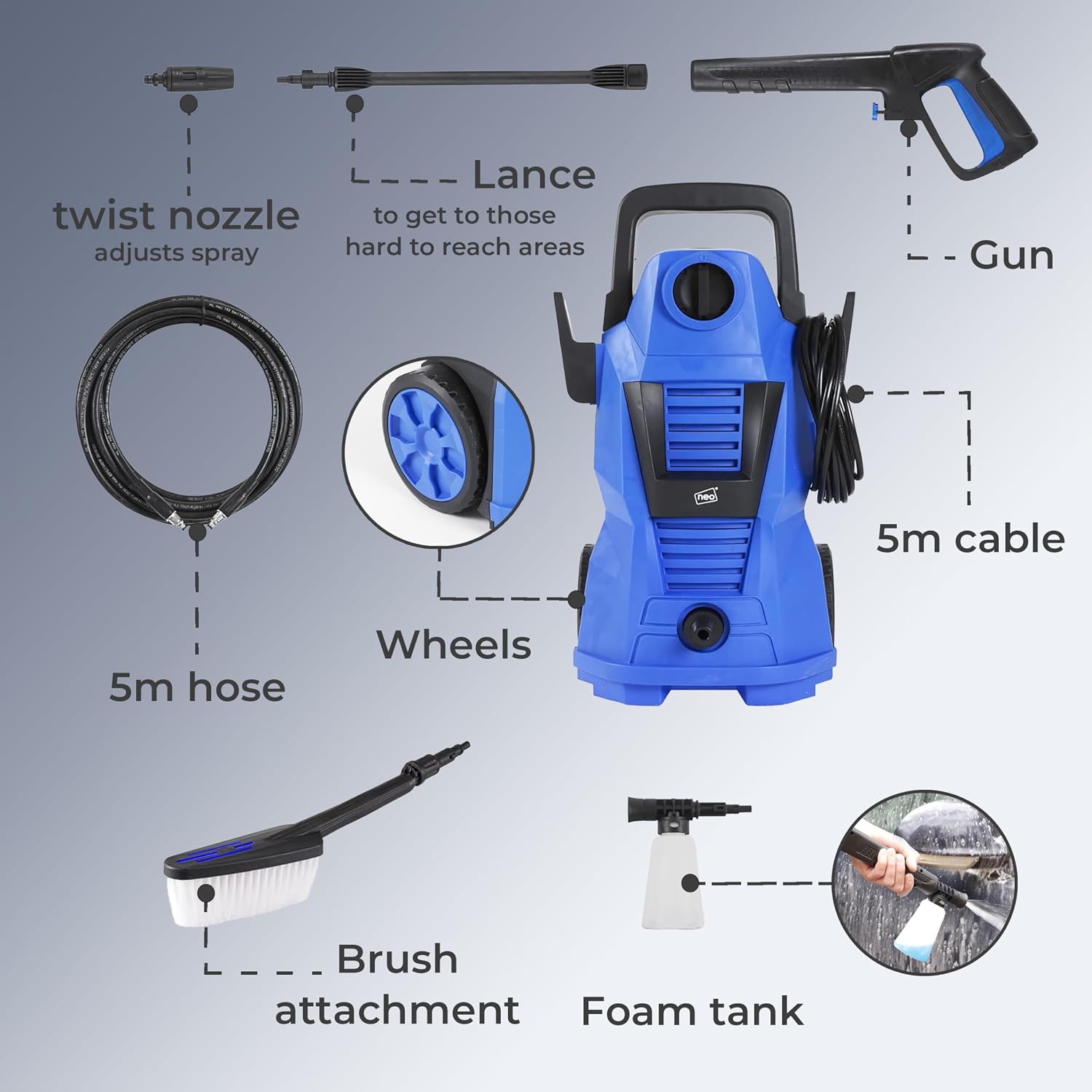 Detalle de Neo® Electric High Pressure Washer 110 Bar: Versatile Cleaning Power for Home, Car and More