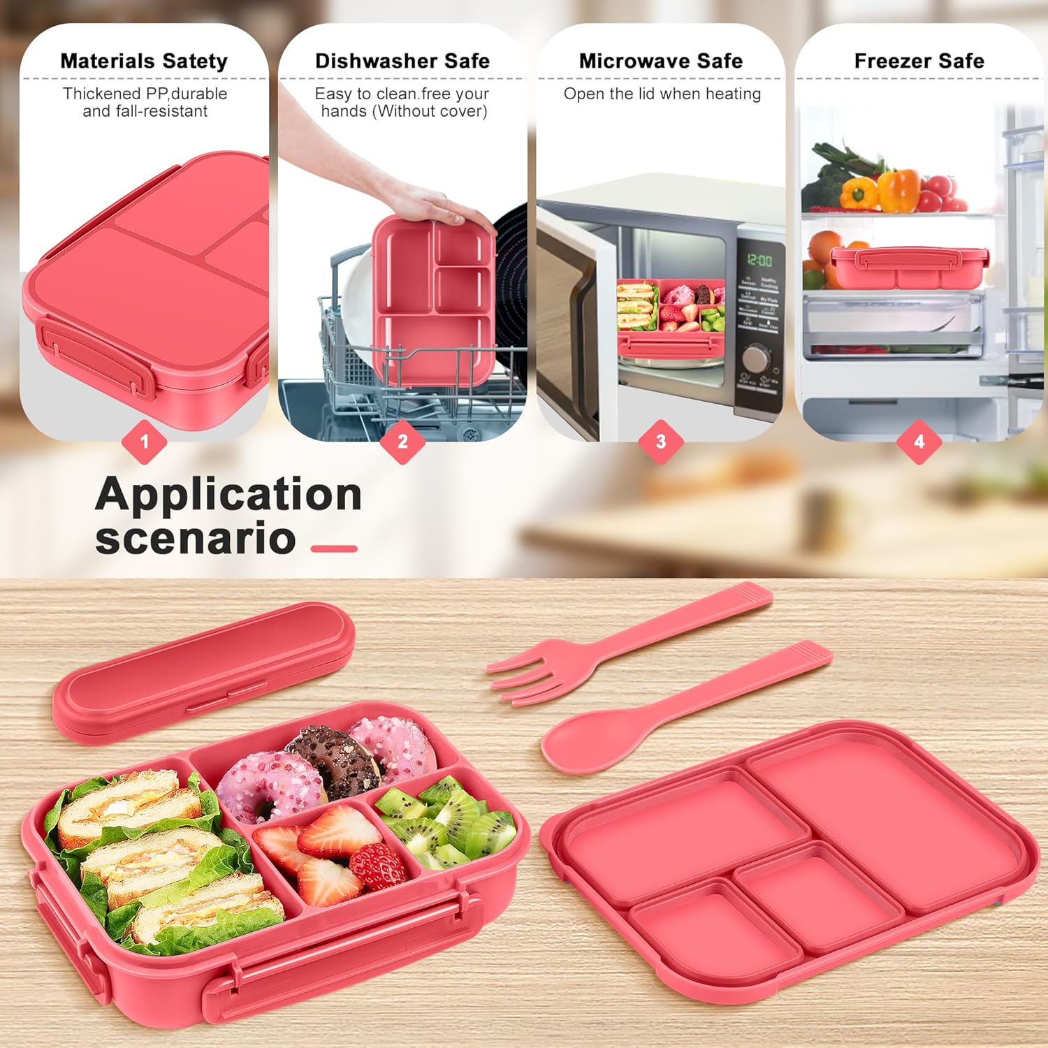 Thumbnail 5 de Amathley Bento Box Kinder & Erwachsene mit 4 Fächern und Besteck, 1200 ml (Rosa Beere)