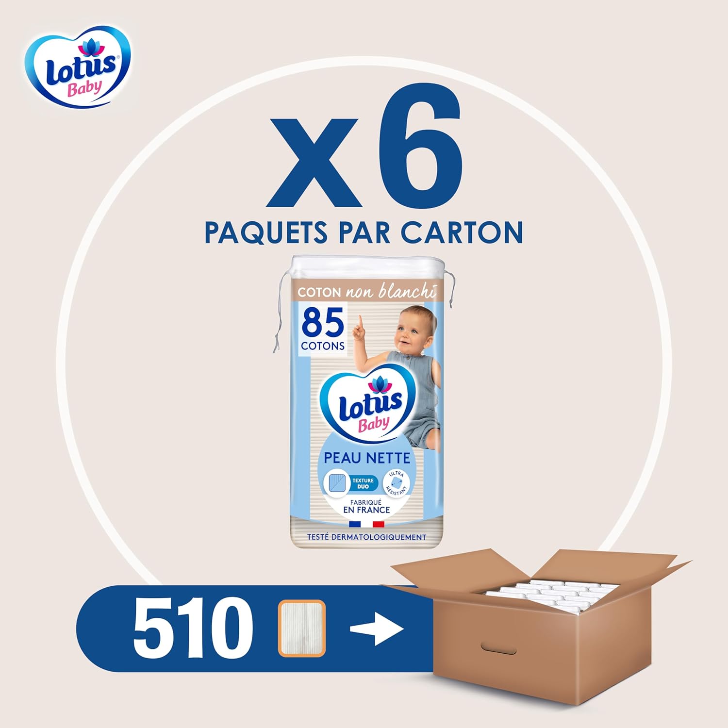 Detalle de Lotus Baby Peau Nette – Cotons bébé 510 carrés (6 paquets de 85) – coton naturel, douceur et fiabilité
