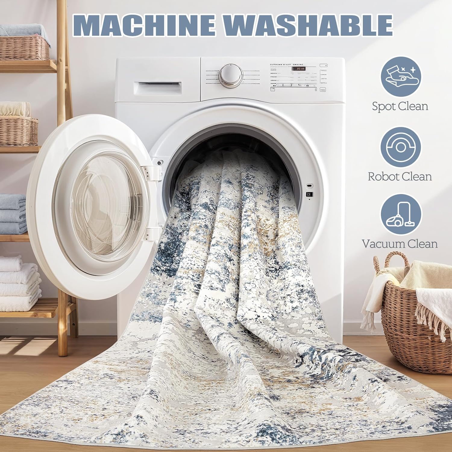 Thumbnail 6 de DMOYEST 8x10 Abstract Low Pile Area Rug (Neutral Beige Blue) — Soft, Washable Indoor Carpet