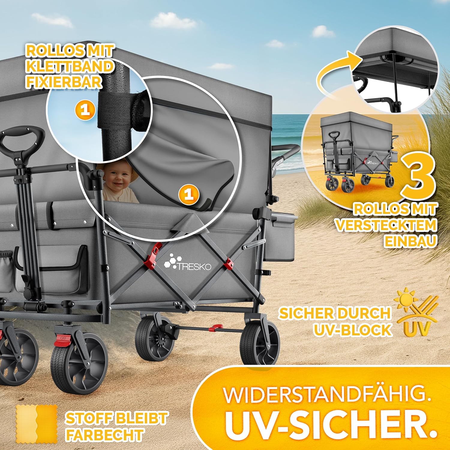 Thumbnail 6 de TRESKO faltbarer Bollerwagen mit Dach, Kühlfach & Seitenrollos (bis 150 kg) – inkl. Vollgummireifen, Feststellbremsen & 3-Punkt-Gurt