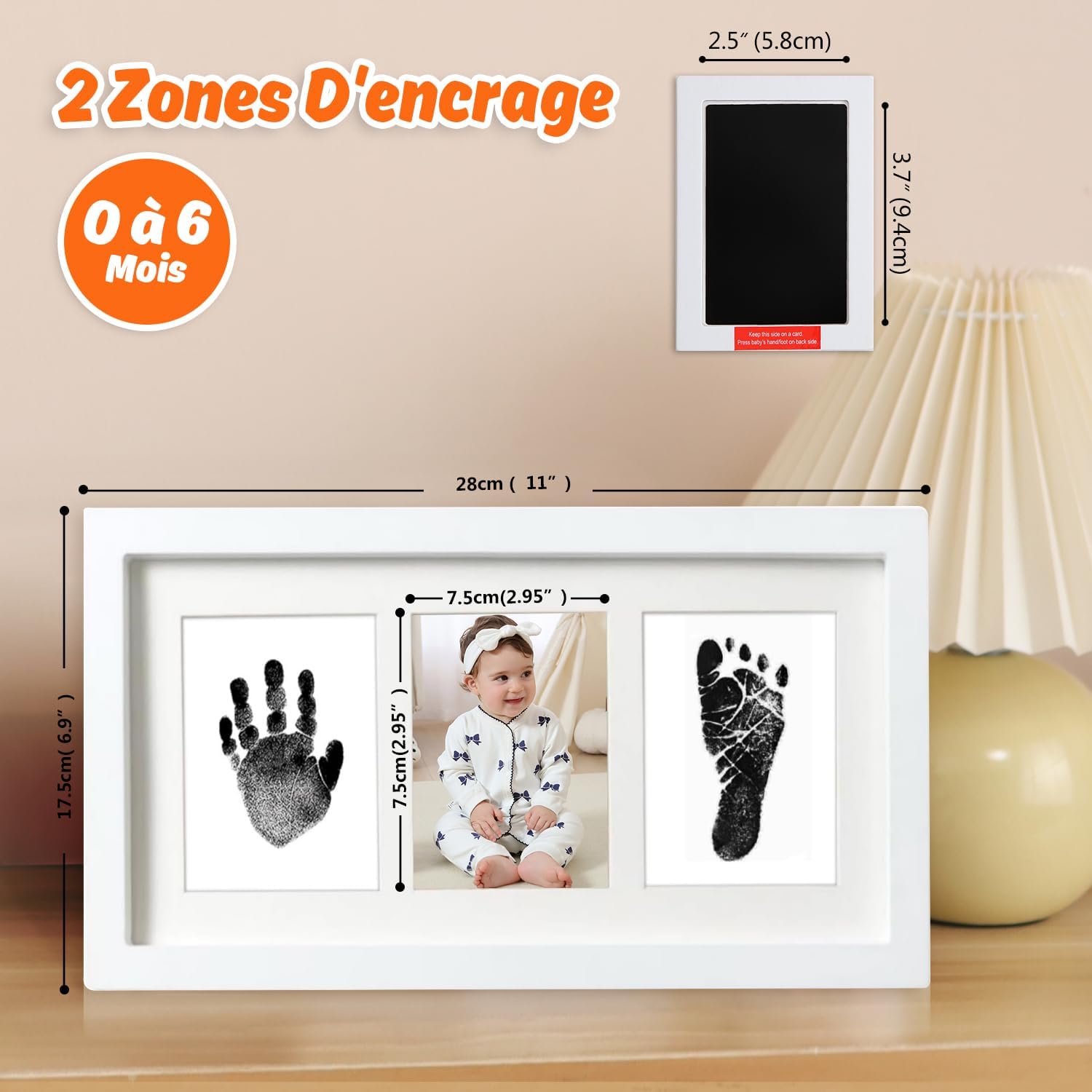Detalle 2 de PewinGo Cadre d’Empreintes Bébé encre Clean Touch — Cadre élégant et tampon sûr pour nouveau-né (Blanc)